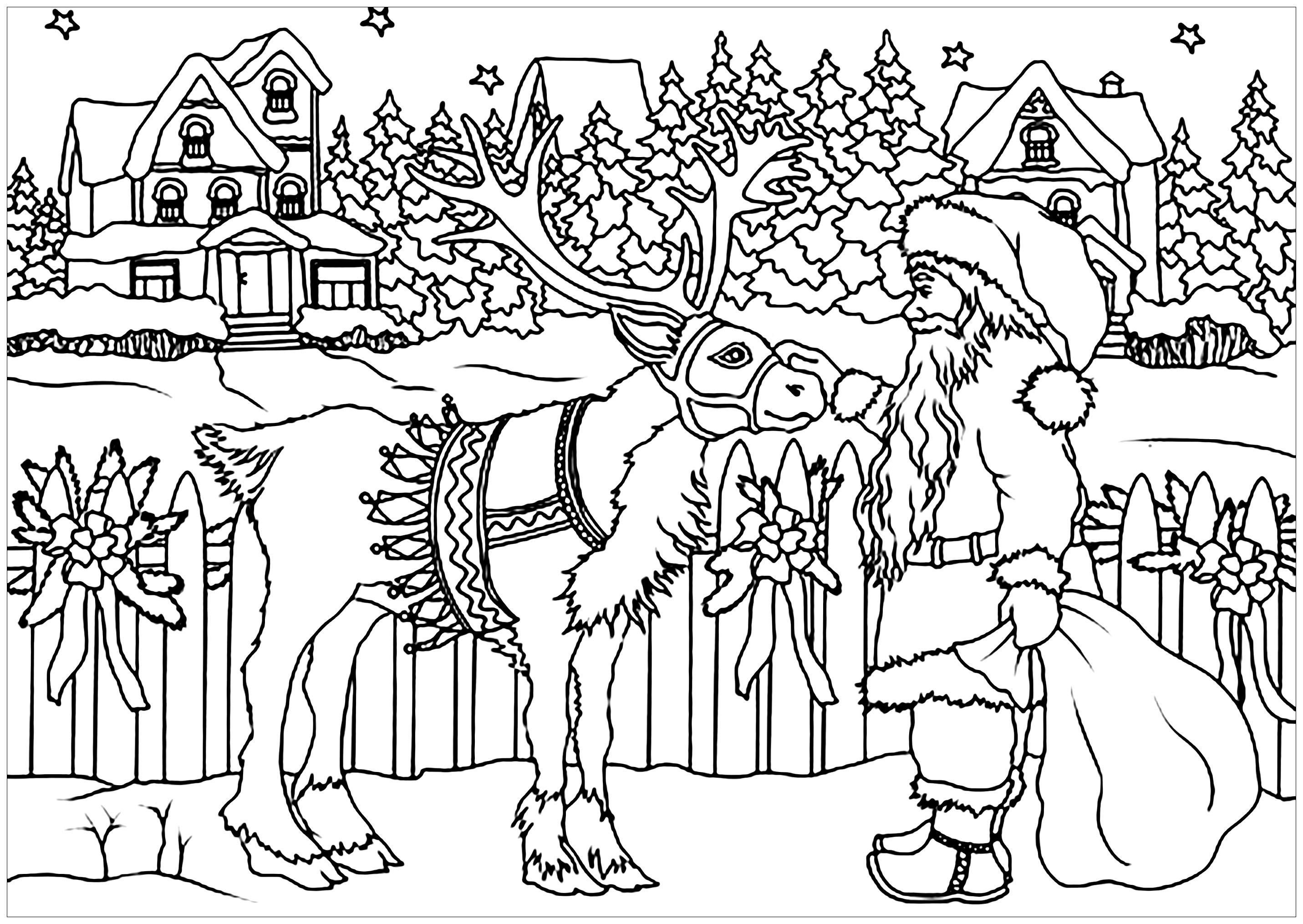 Père Noël et renne - Noël - Coloriages difficiles pour adultes
