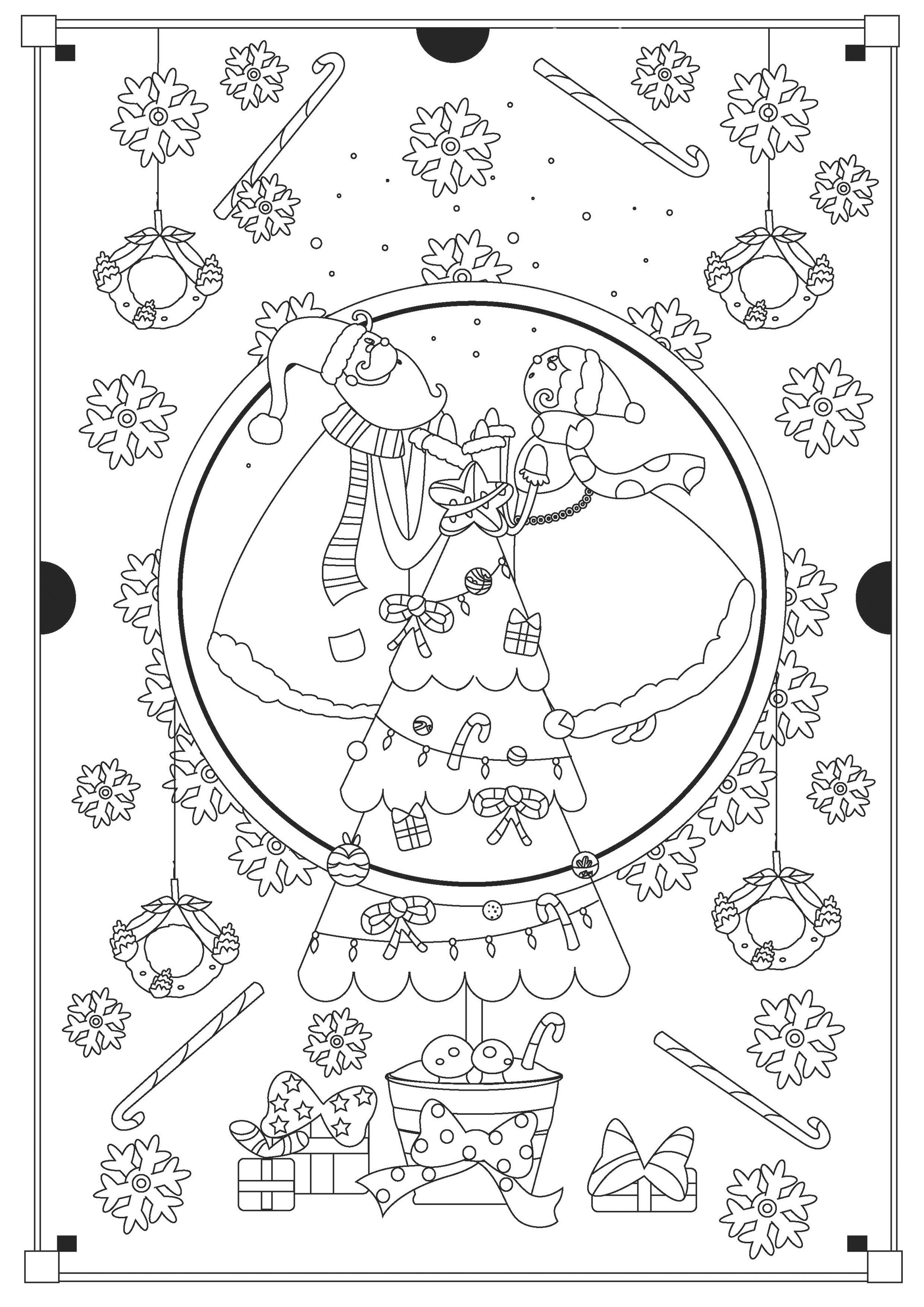 Coloriage de Noël avec le Père Noël et la Mère Noël. Nombreux objets de Noël à colorier autour des personnages et du joli sapin de Noël : cadeaux, bonbons, flocons de neige, etc .., Artiste : Gaelle Picard