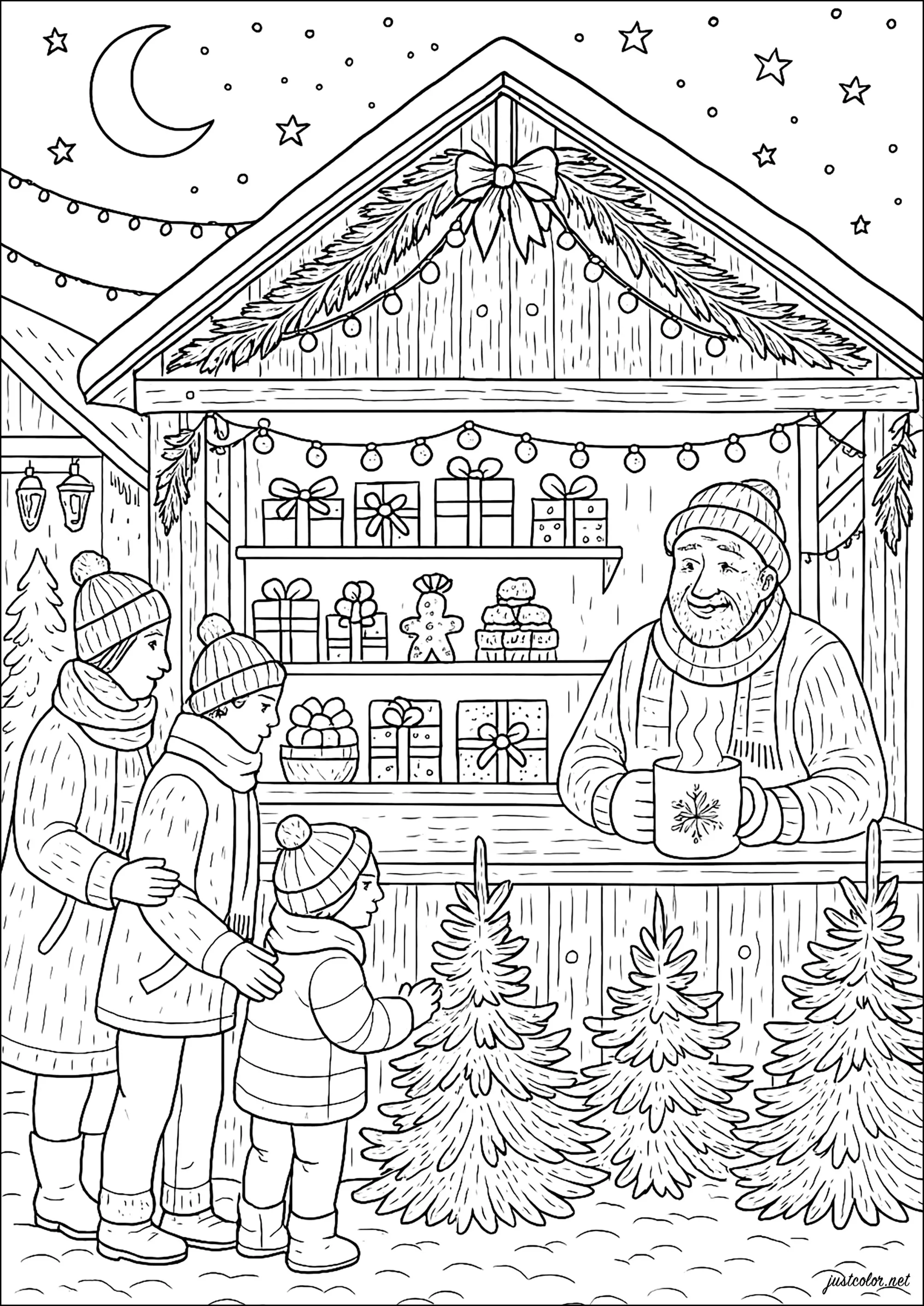 Marché de Noël (Coloriage à imprimer pour adultes)