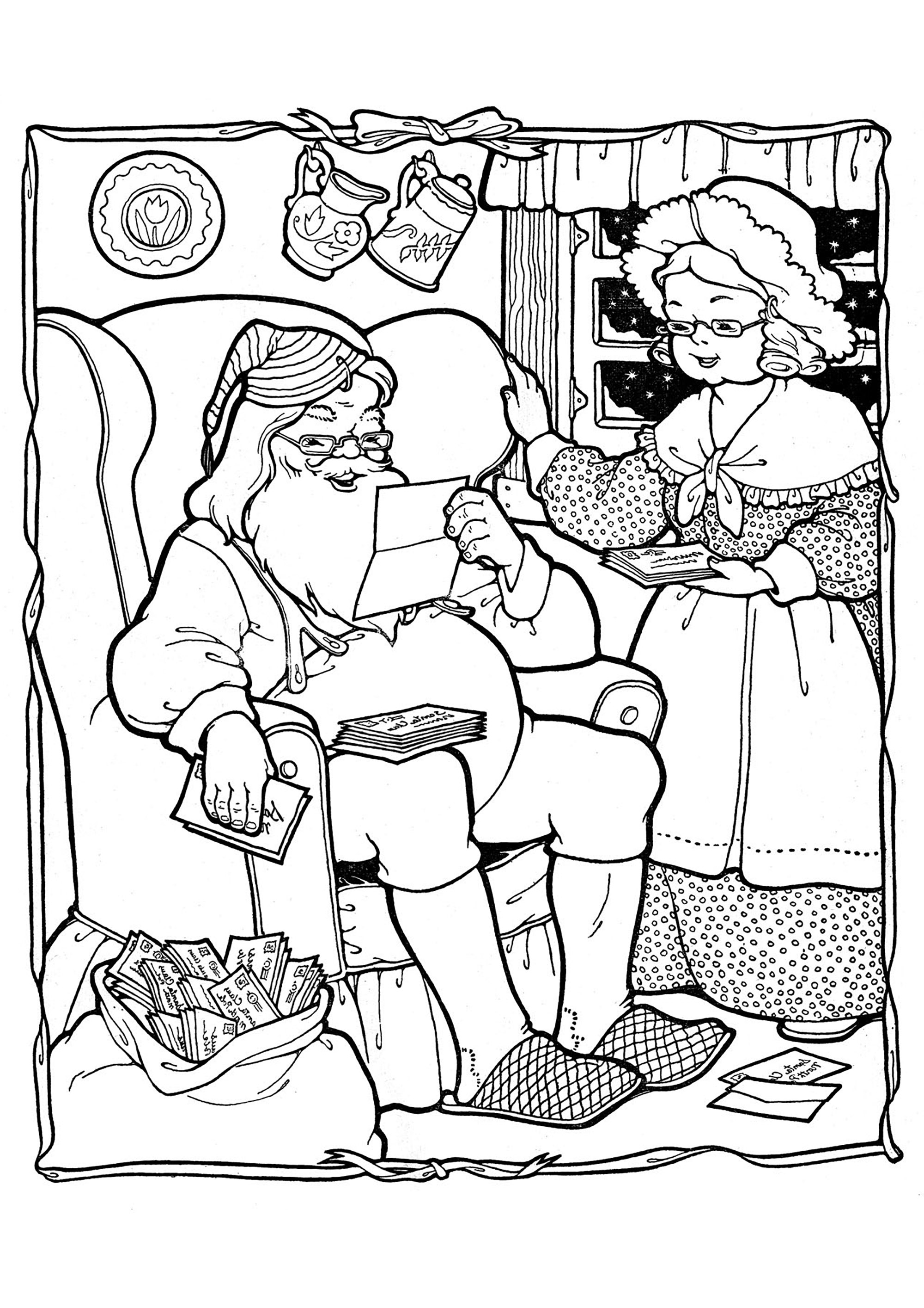 Coloriage très Vintage avec le Père Noël et la Mère Noël