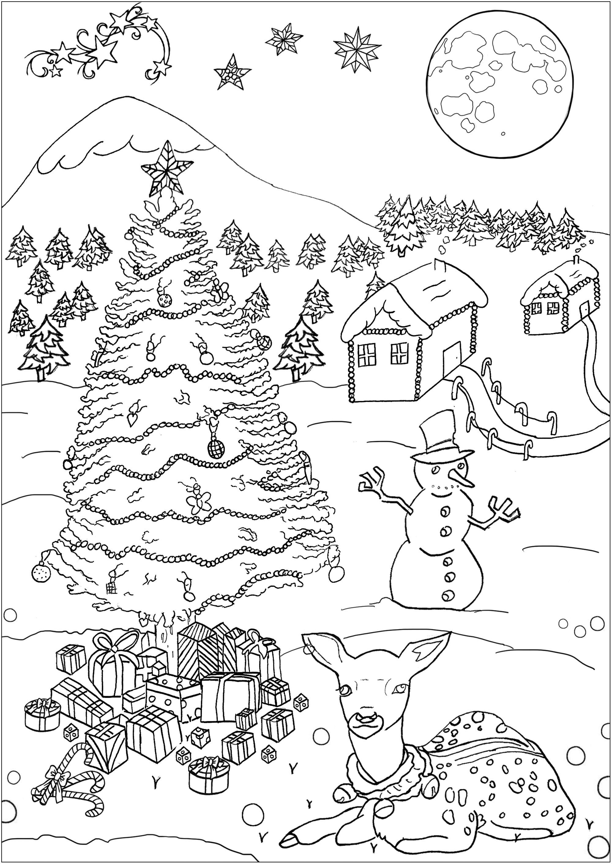 Joli coloriage de Noël, avec un chalet, un sapin, un bonhomme de neige, des cadeaux et une jolie biche, Artiste : Gamma