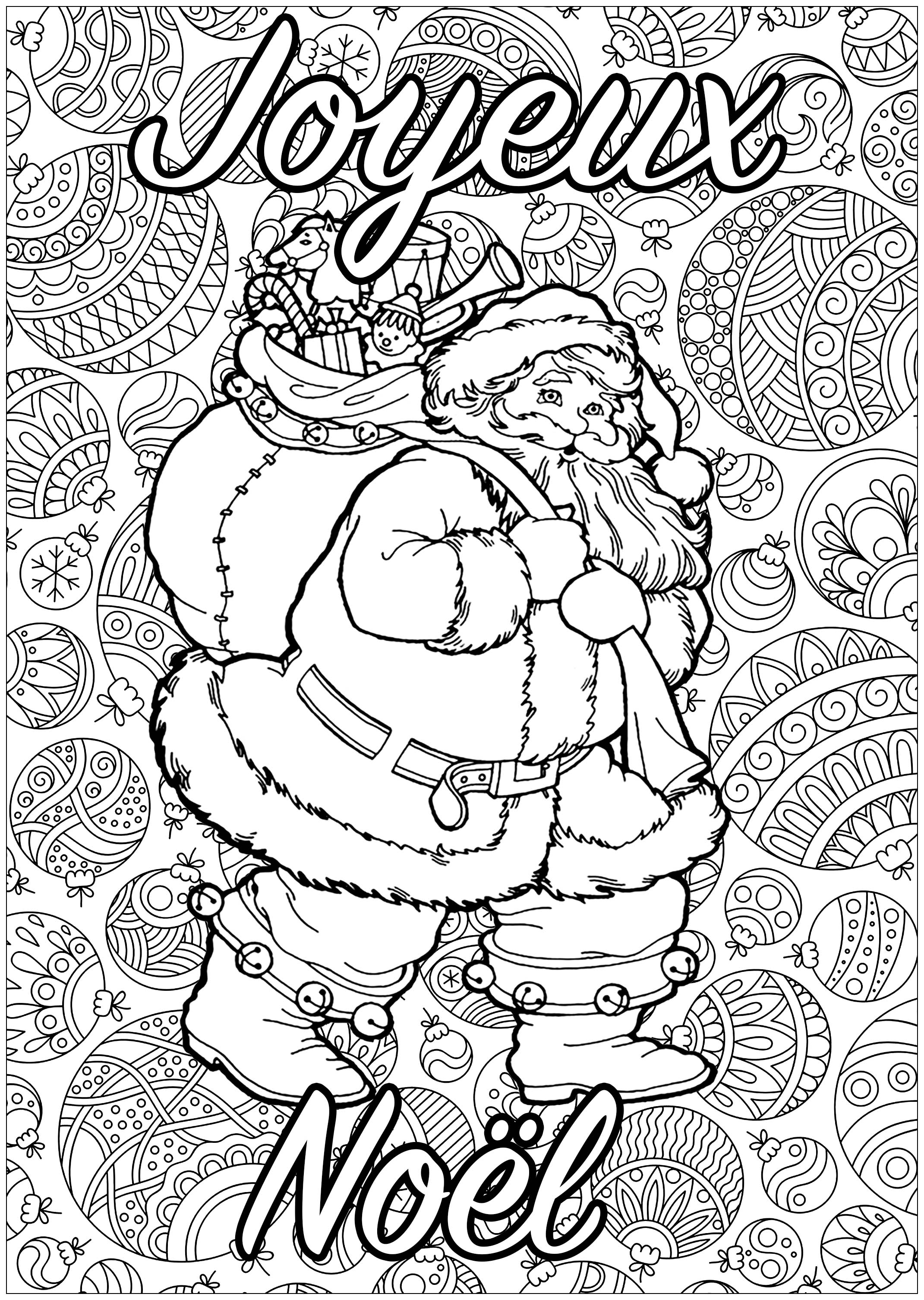Père Noël à colorier, avec fond plein de motifs, et texte 'Joyeux Noël'