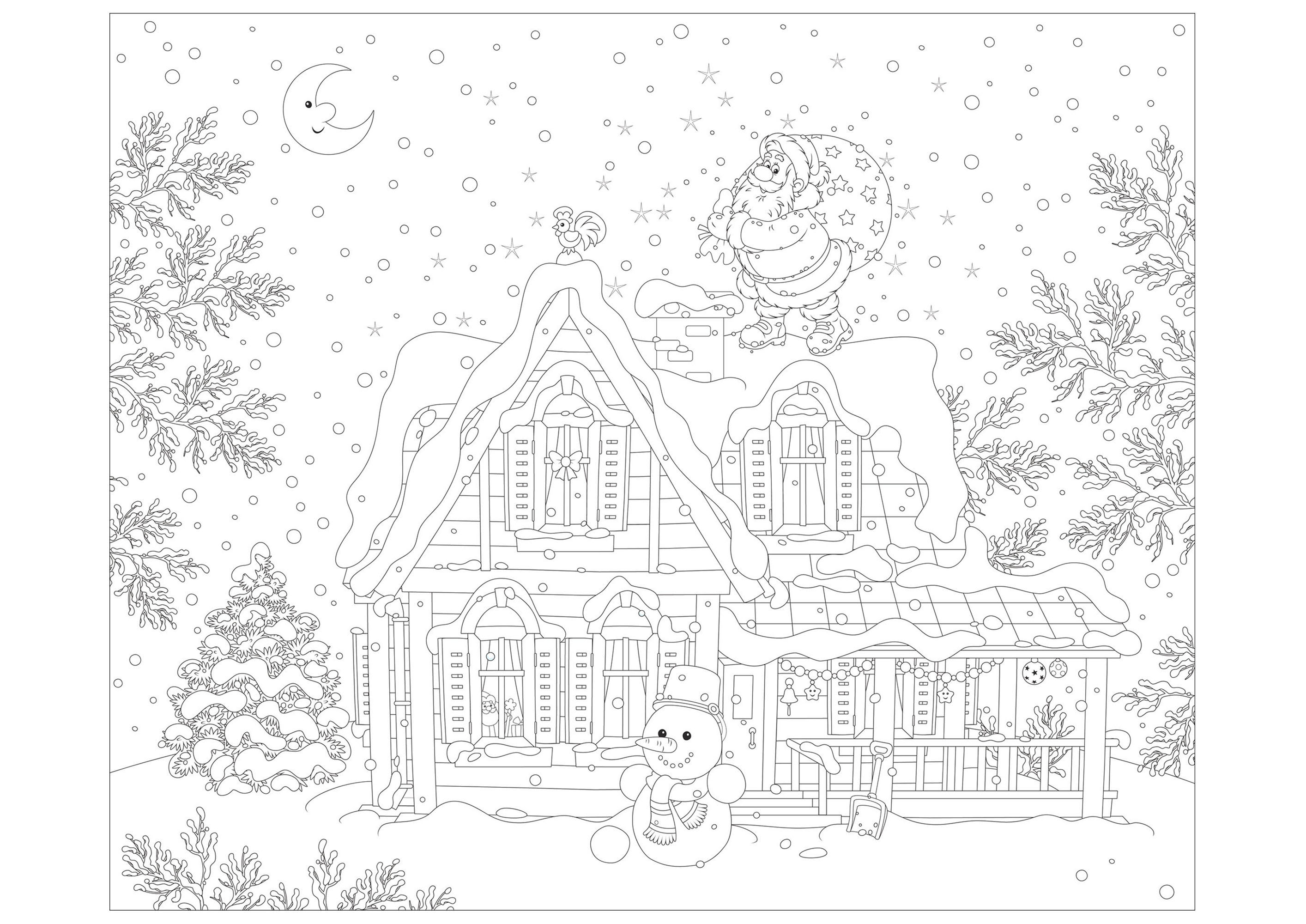 Un bonhomme de neige et le Père Noël, prêt à livrer ses cadeaux dans cette belle maison, Source : 123rf   Artiste : Alexey Bannykh