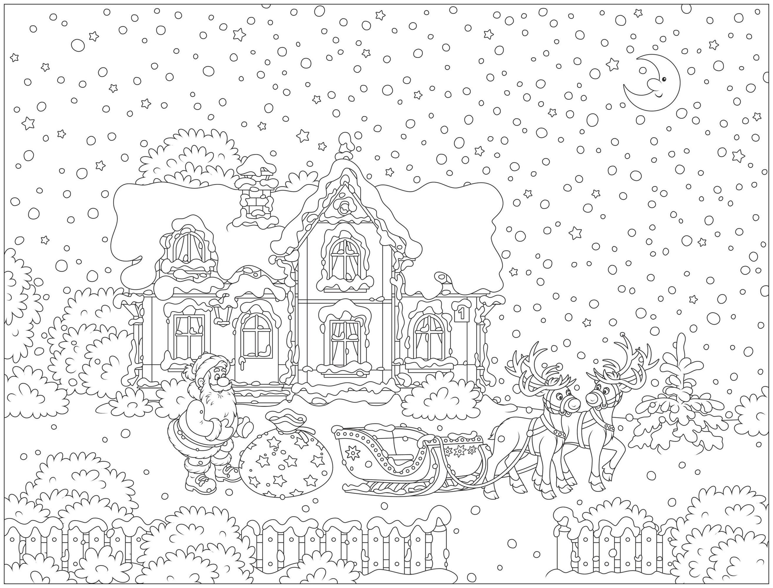 Dessin avec le Père Noël et son traîneau de Rennes devant une belle maison, avec un ciel plein de neige, Source : 123rf   Artiste : Alexey Bannykh