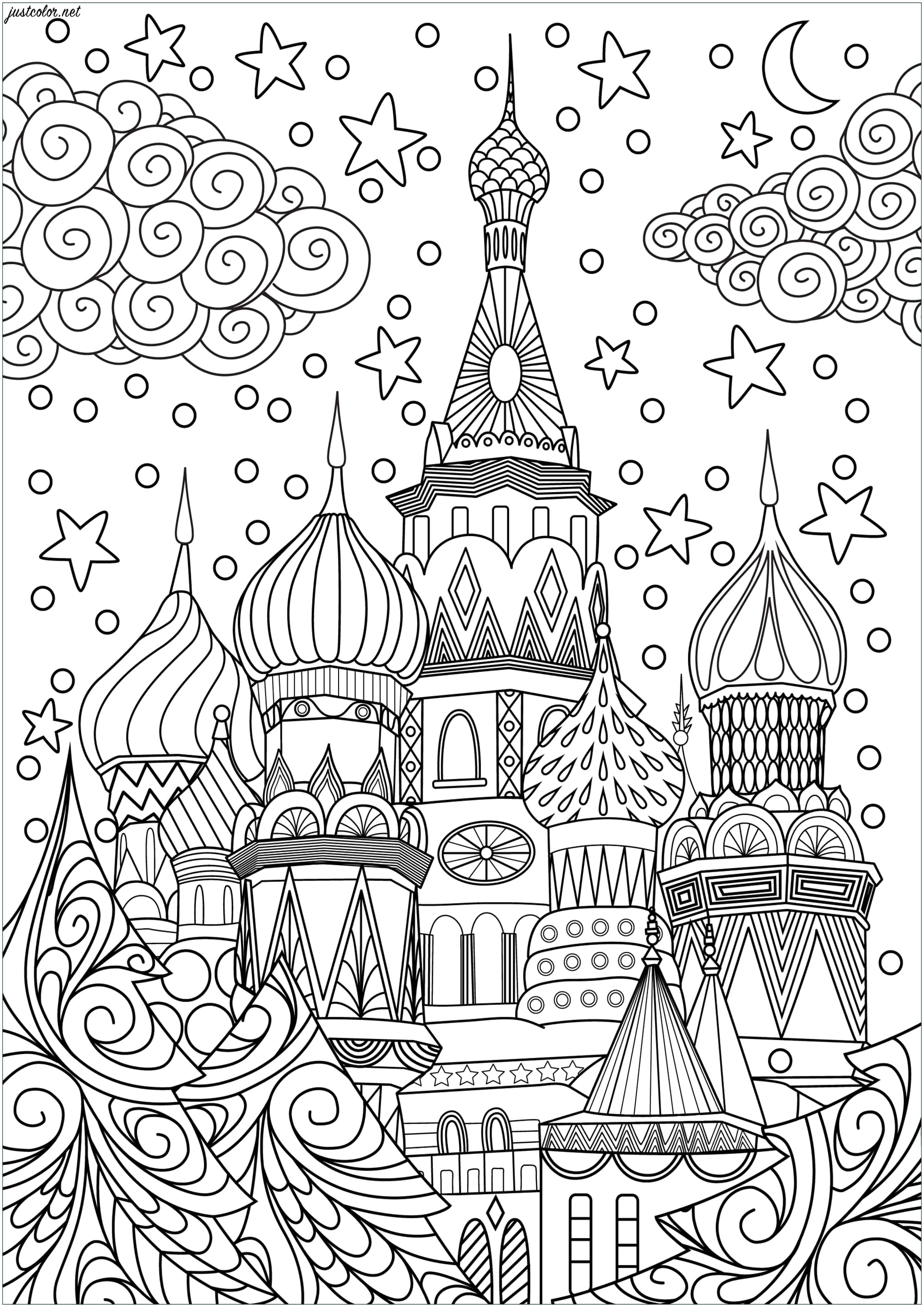 Coloriage 'Noël à Moscou'. Le Kremlin sur la Place Rouge sous un joli ciel étoilé, avec en premier plan des sapins aux motifs envoutants, Artiste : Elodie