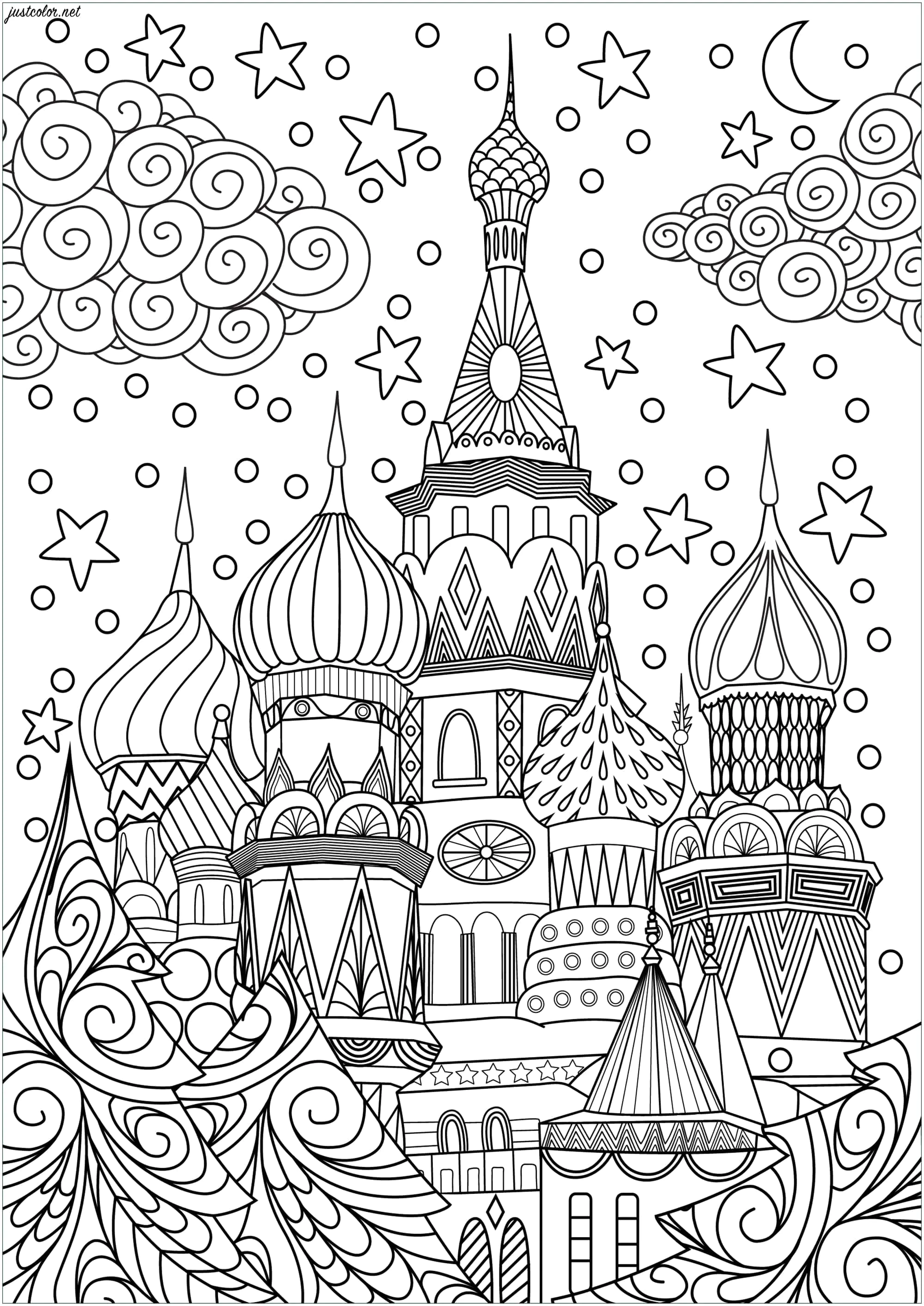 Noël à Moscou (Coloriage à imprimer pour adultes)