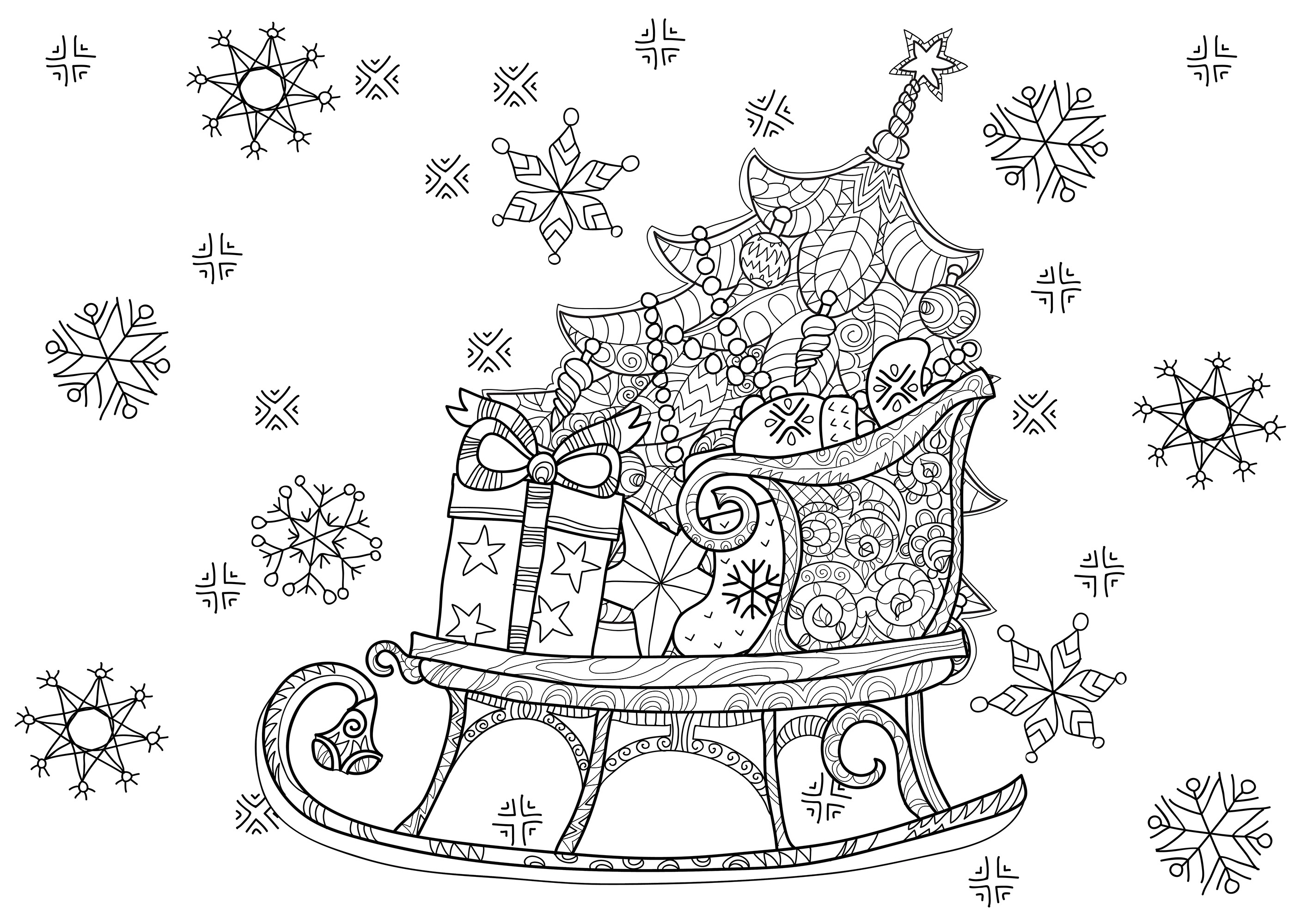 Le traineau du Père Noël rempli de cadeaux, avec également un joli sapin bien décoré, Source : 123rf   Artiste : Yazzik