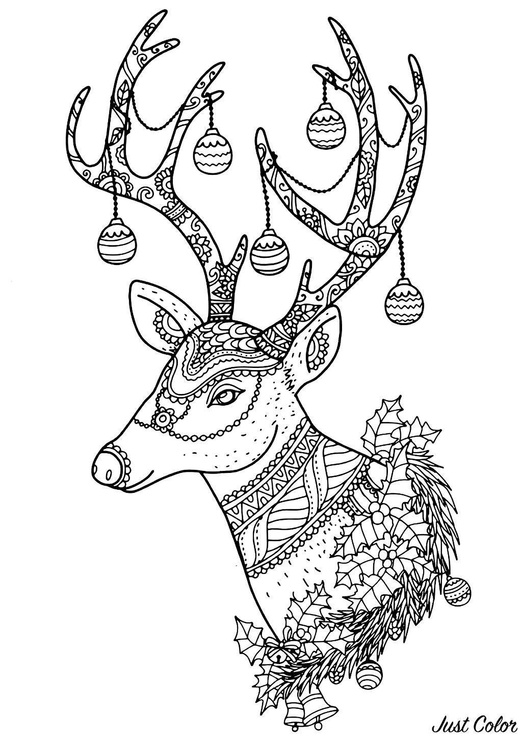 Magnifique Renne de Noel avec jolis motifs à colorier finement