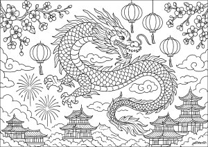 Dragon majestueux du Nouvel An chinois (Coloriage)