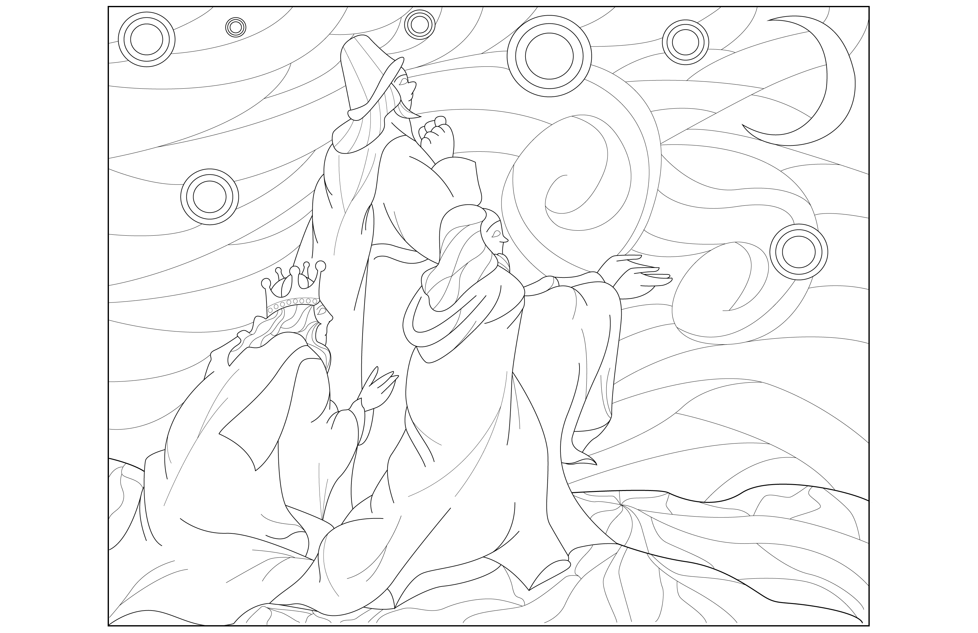 Coloriage des rois mages : Gaspard , Melchior et Balthazar. Un coloriage inspiré de 'Nuit étoilée' de Vincent Van Gogh, Artiste : Juline