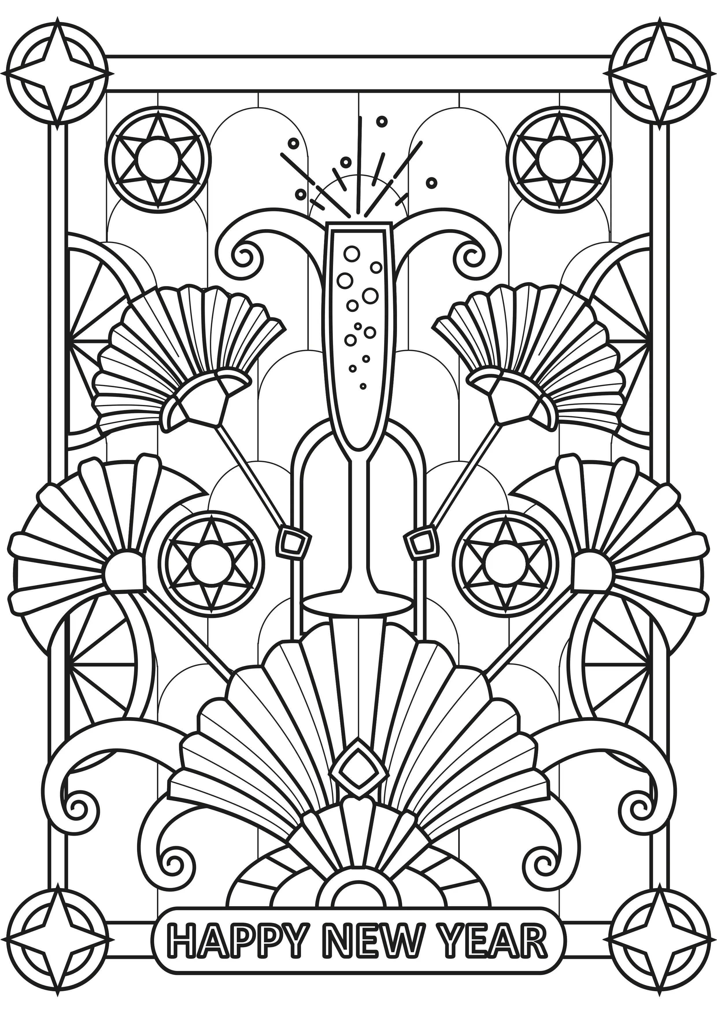Champagne et Art Deco - texte "Happy New Year" (Coloriage de Nouvelle année à imprimer pour adultes)