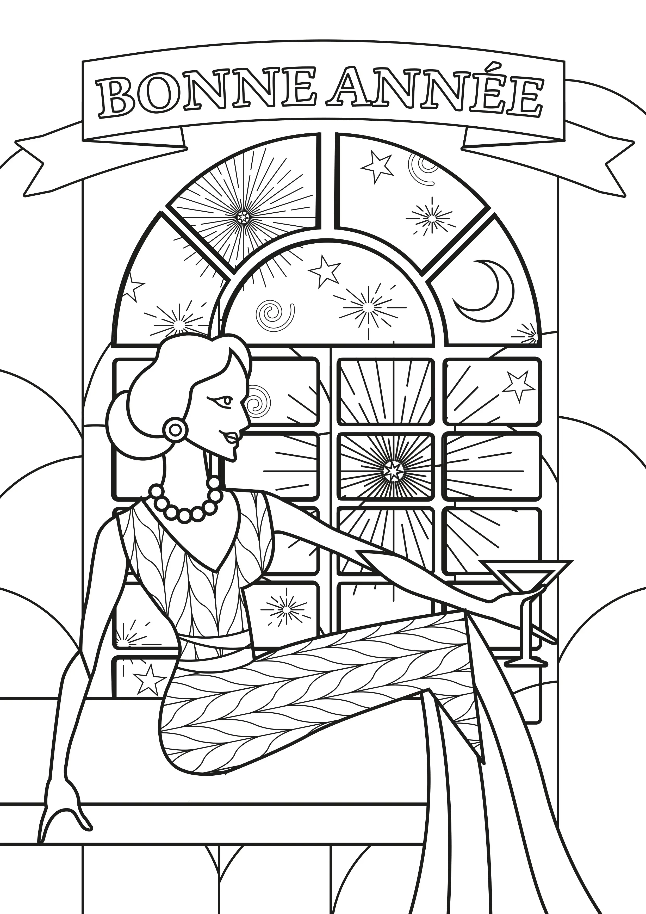 Femme style Art Deco - texte "Bonne année" (Coloriage de Nouvelle année à imprimer pour adultes)