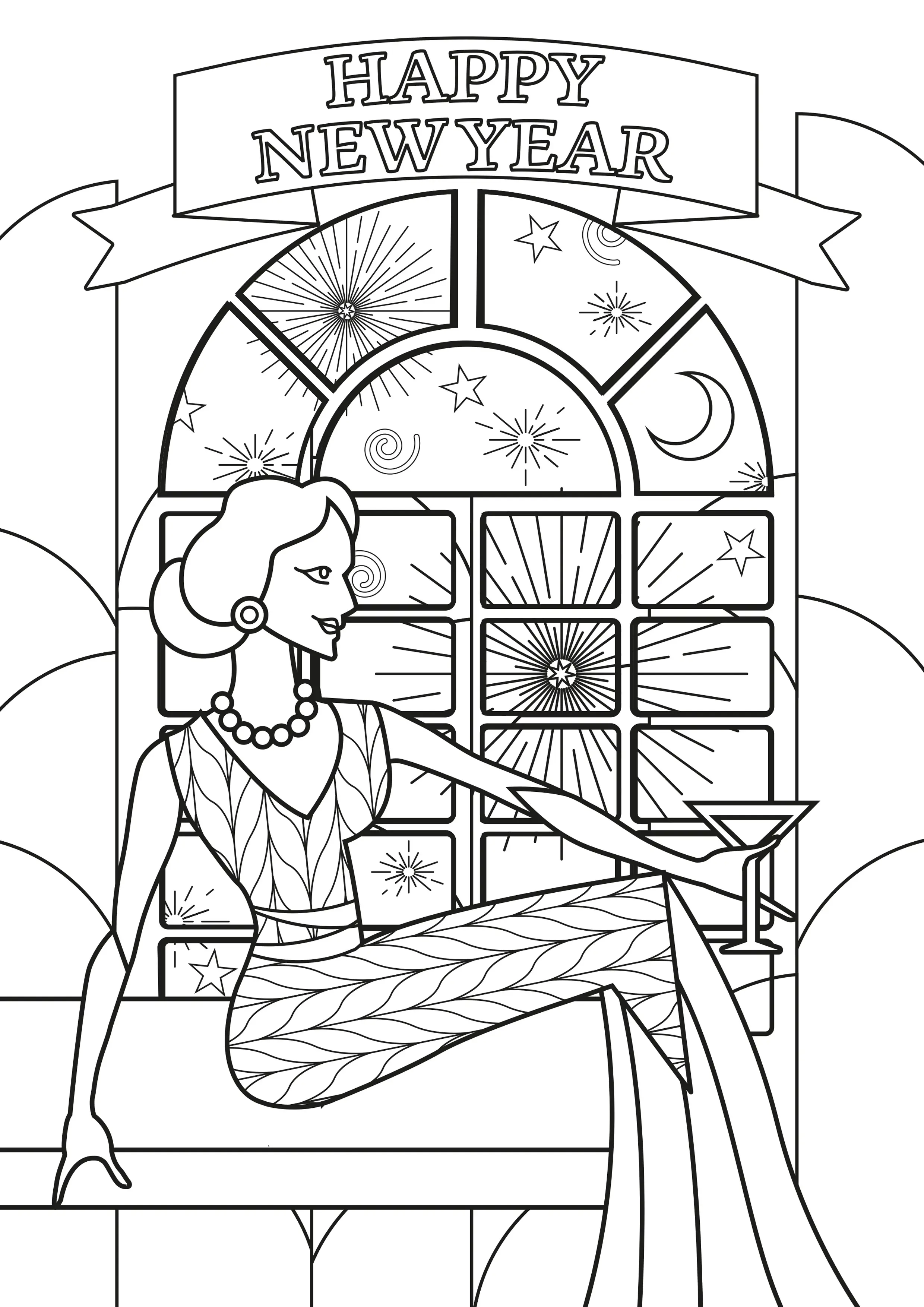 Femme style Art Deco - texte "Happy New Year" (Coloriage de Nouvelle année à imprimer pour adultes)