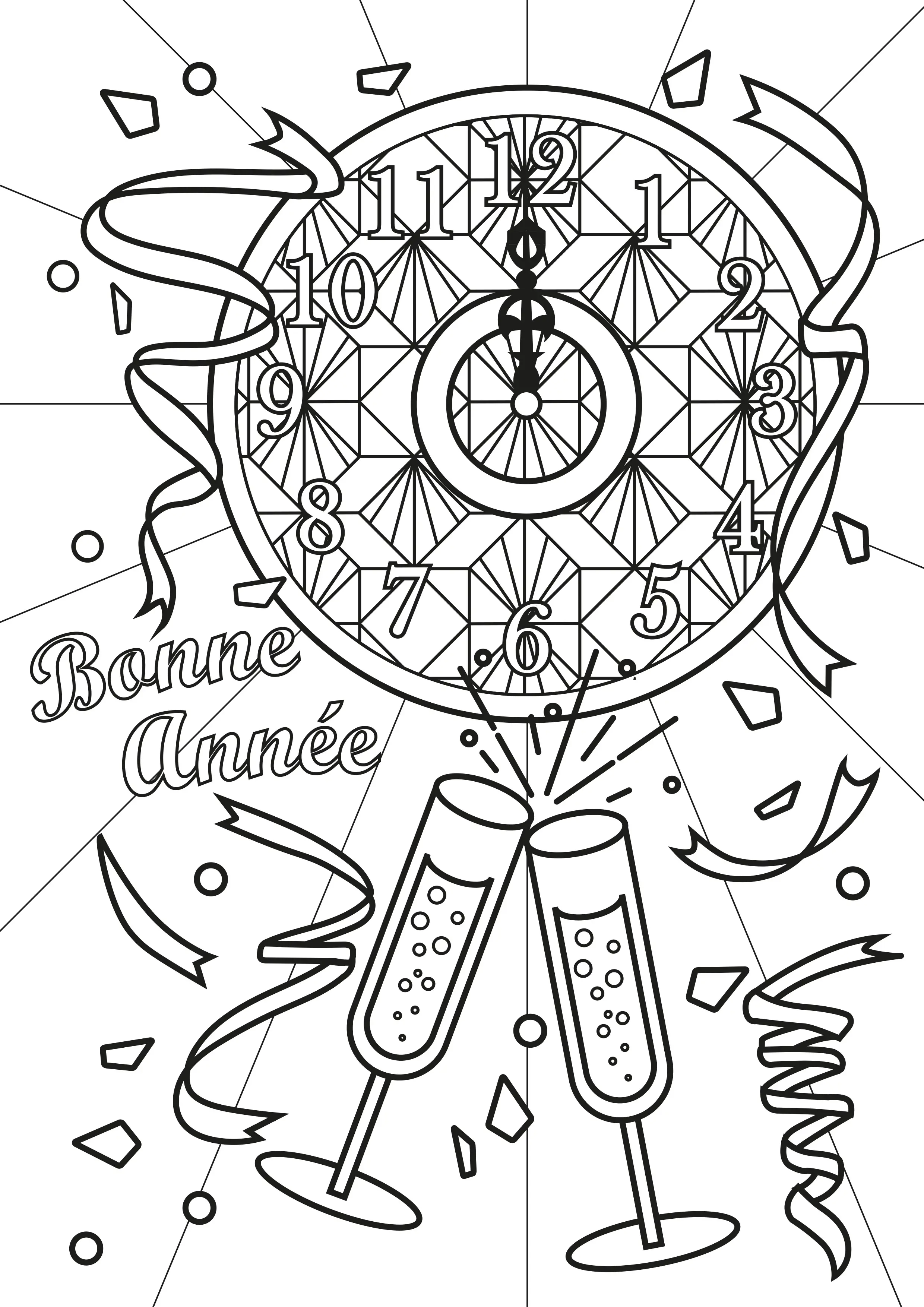 Champagne et horloge - texte "Bonnée année" (Coloriage de Nouvelle année à imprimer pour adultes)