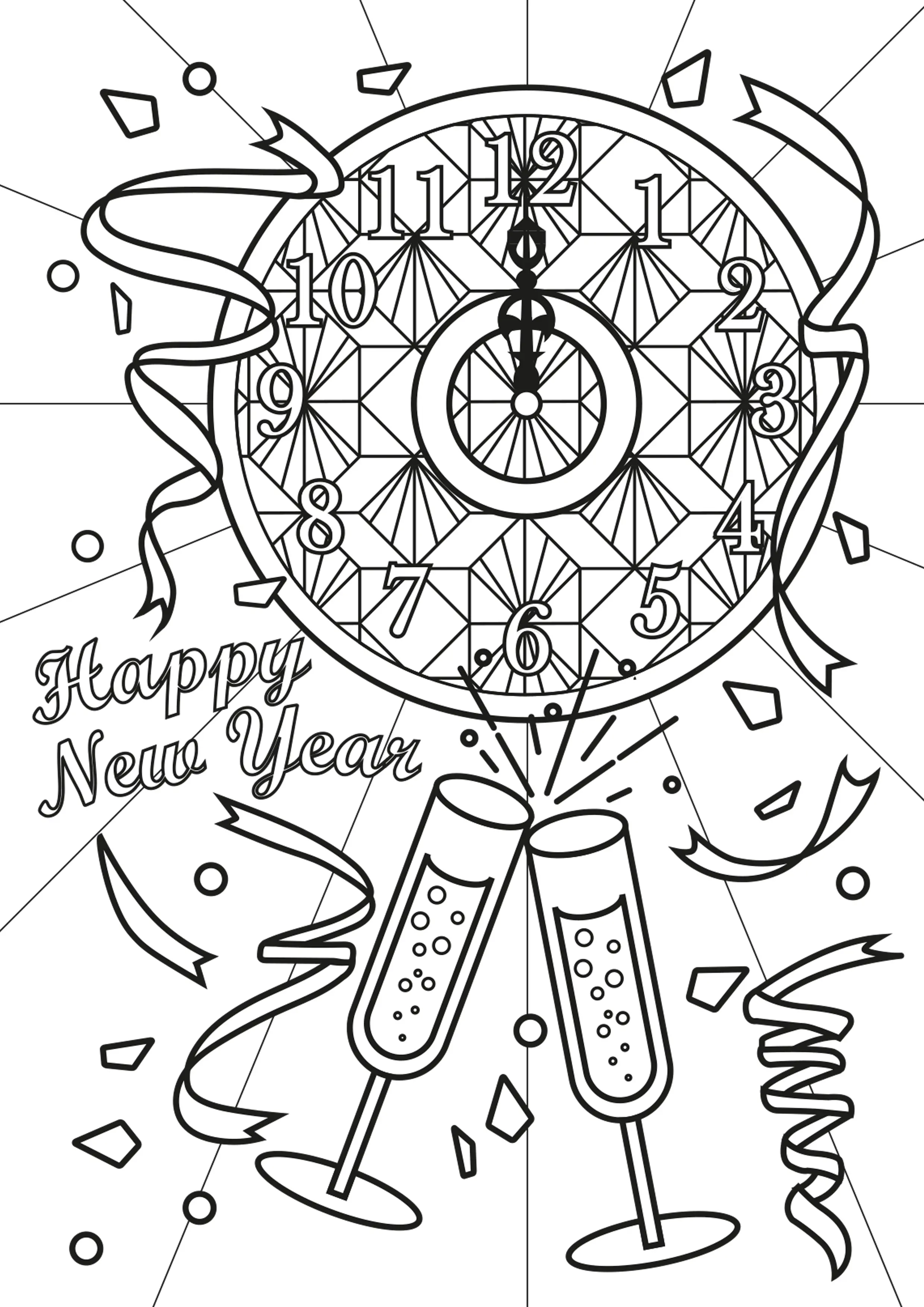 Champagne et horloge - texte "Happy New Year" (Coloriage de Nouvelle année à imprimer pour adultes)