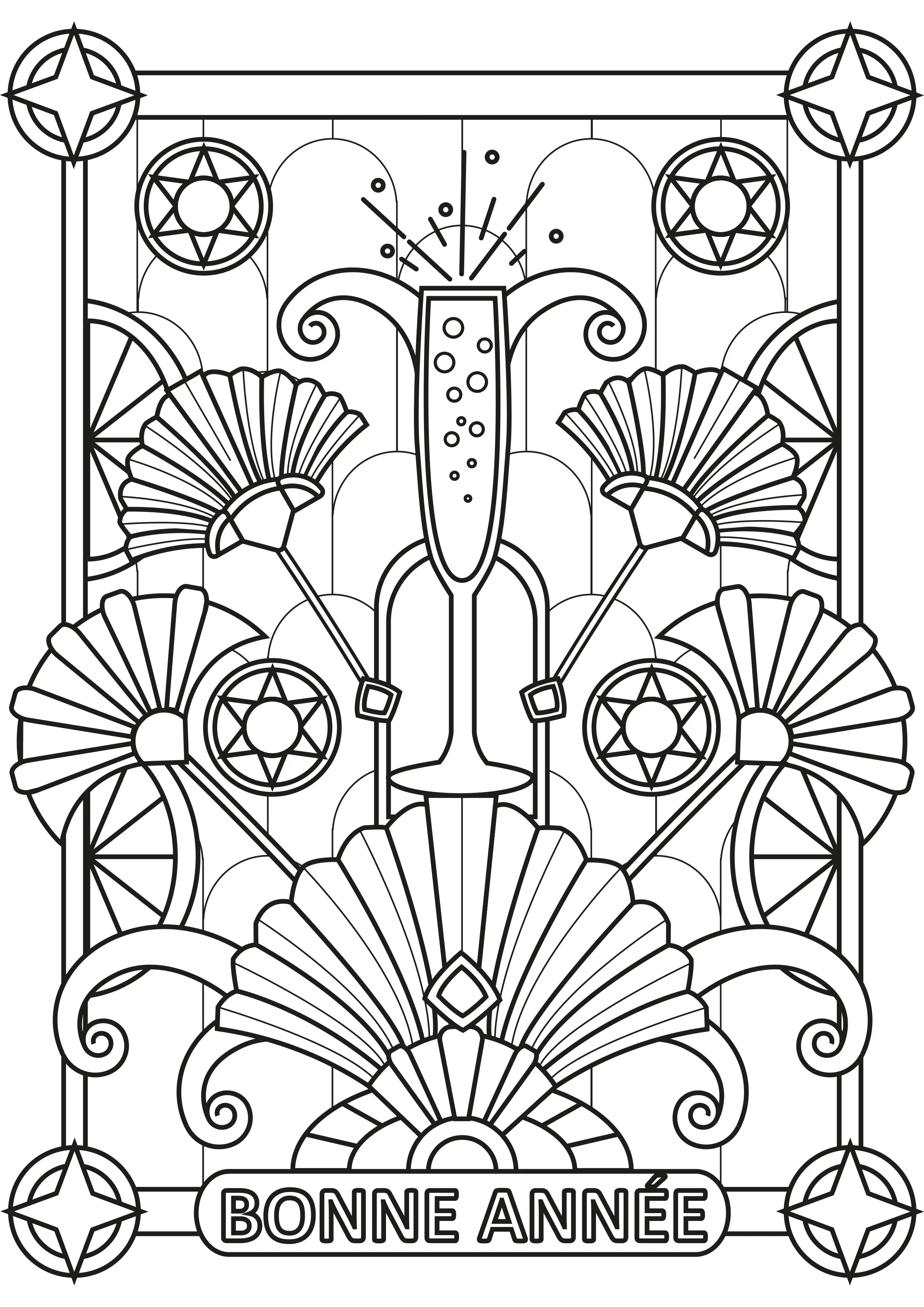 Champagne et Art Deco - texte "Bonnée année" (Coloriage de Nouvelle année à imprimer pour adultes)