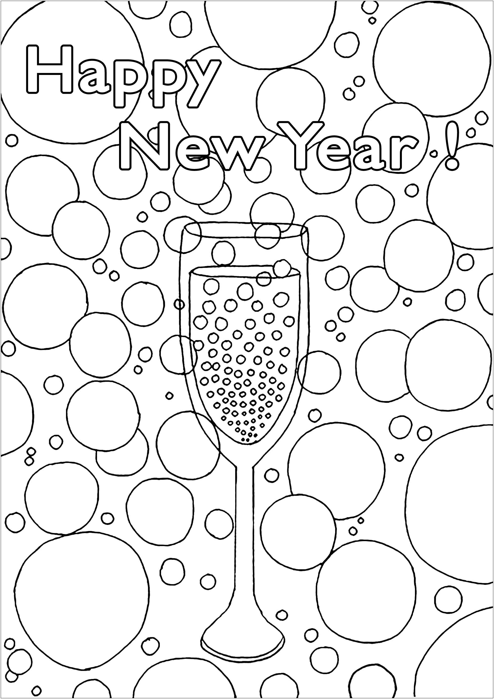 Bonne et Heureuse année avec ce magnifique coloriage représentant un verre de Champagne entouré de bulles légères