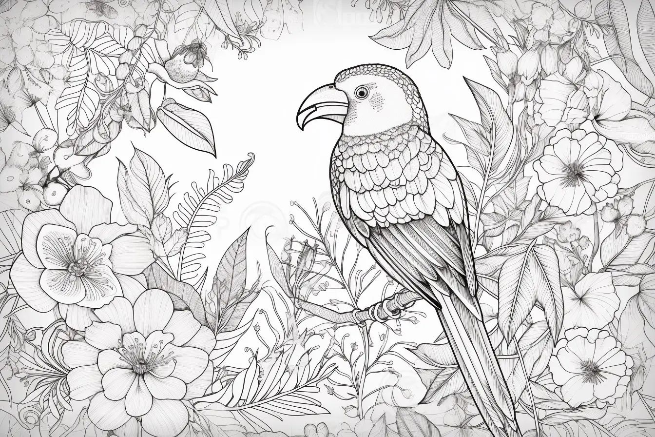 Oiseau tropical et fleurs (Coloriage d'Oiseaux à imprimer pour adultes)