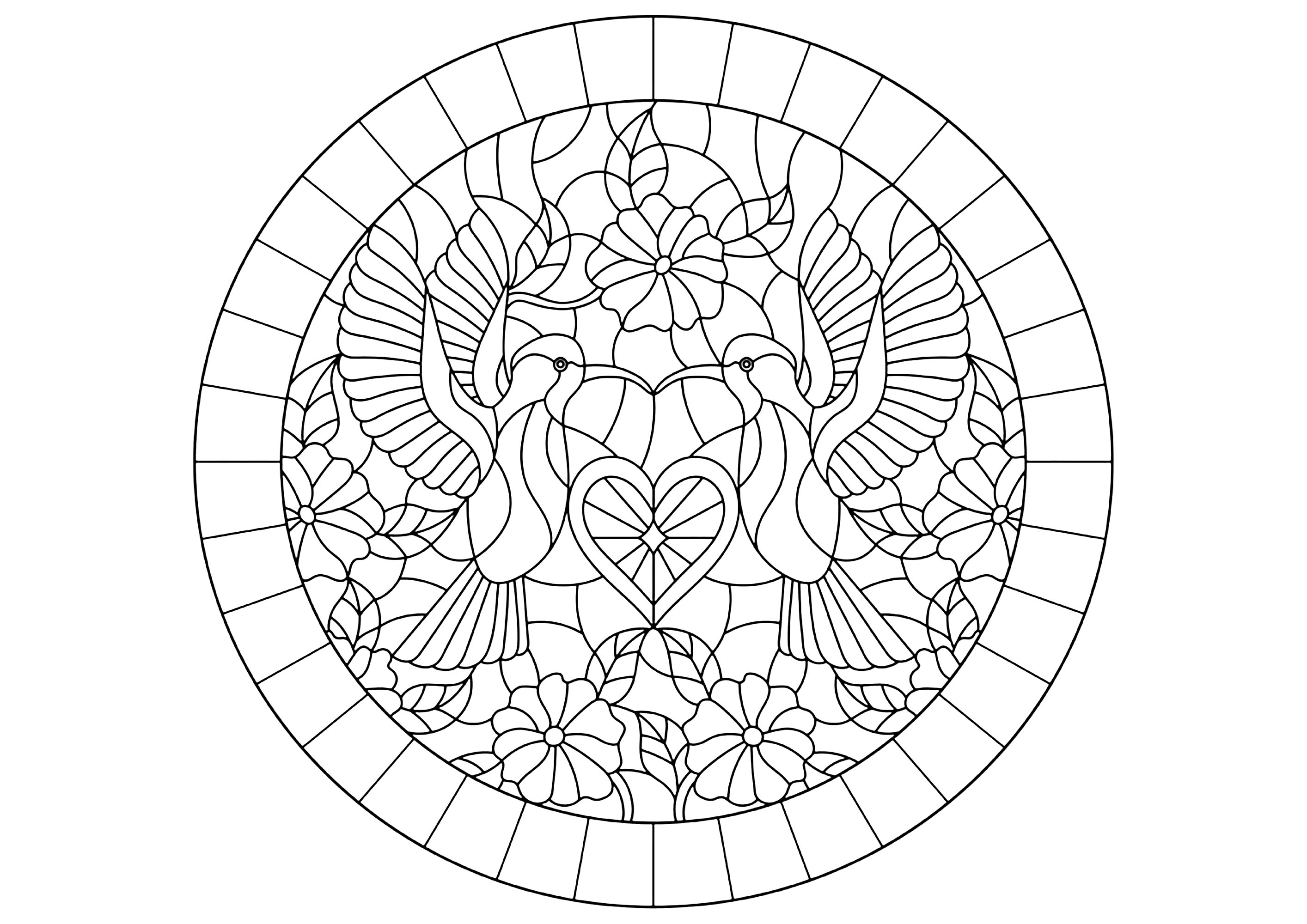 Deux oiseaux dans un cercle, style vitrail. L'amour représenté dans un coloriage unique, Source : 123rf   Artiste : zagory