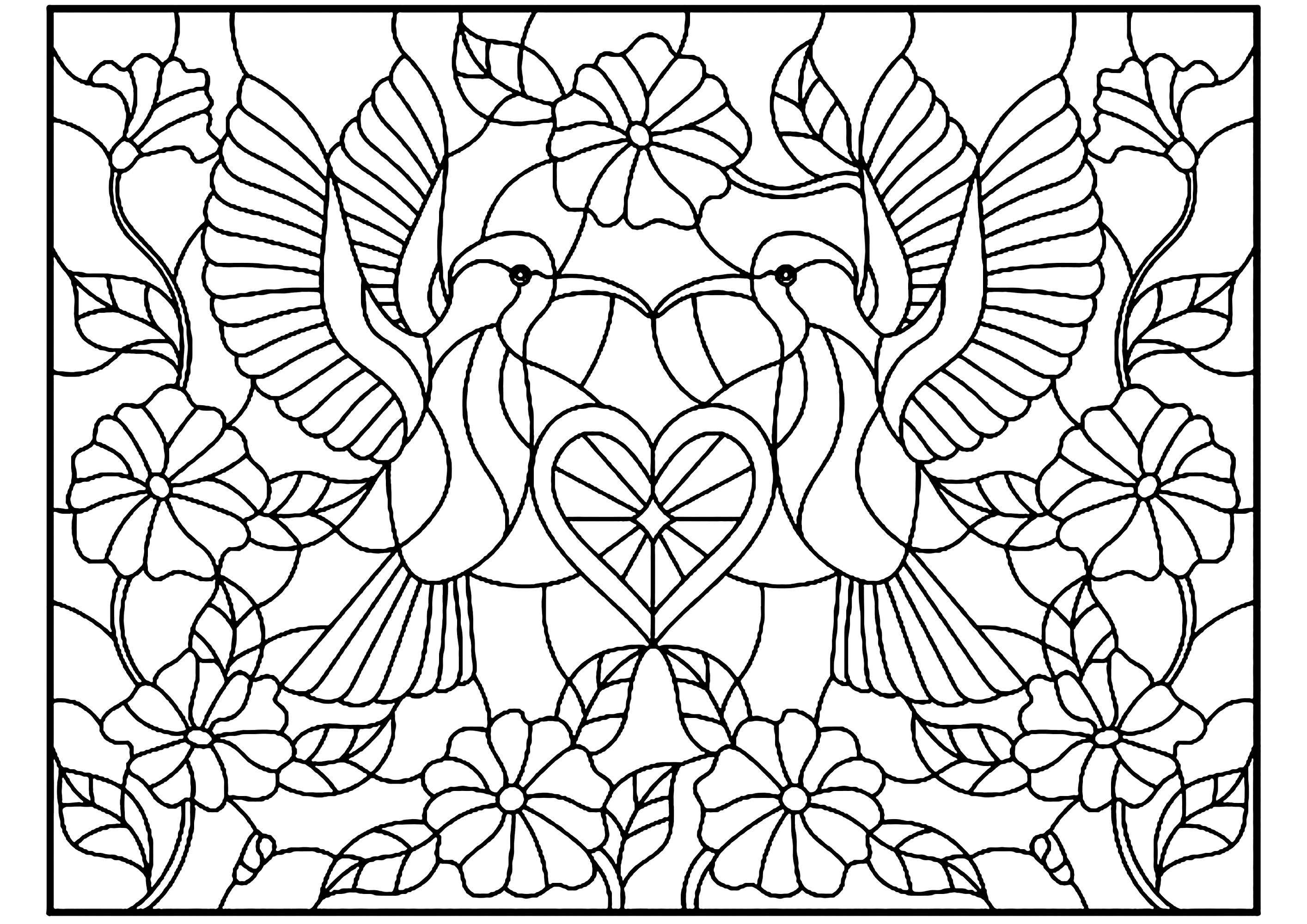 Deux oiseaux et un petit coeur au centre, style vitrail. Une symétrie parfaite pour un coloriage dont le rendu final sera sans doute exceptionnel, Source : 123rf   Artiste : zagory