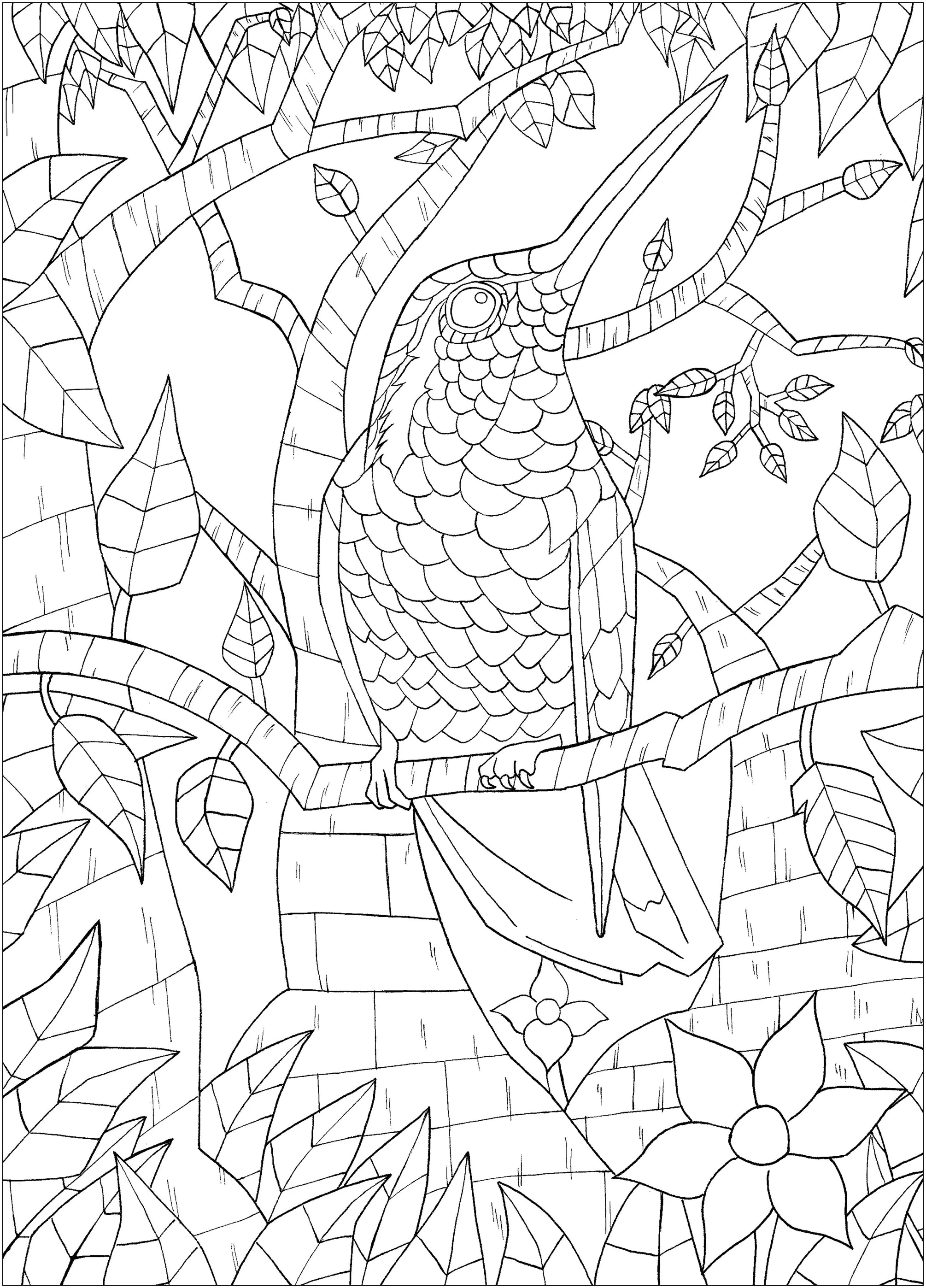 Oiseau sur branche (Coloriage d'Oiseaux à imprimer pour adultes)