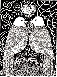 Coloriage adulte animaux peruches amour