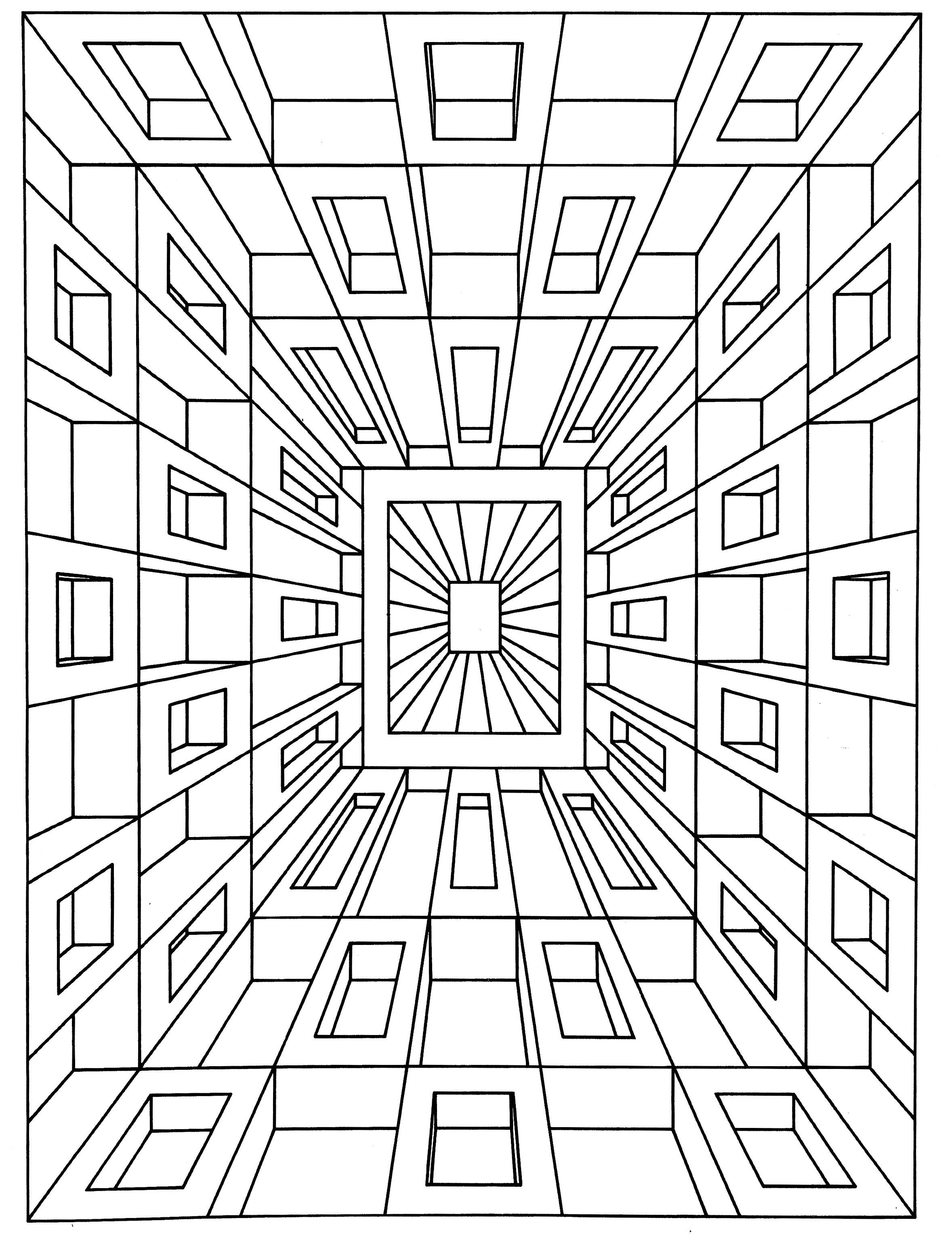 Coloriage Op Art (par l'artiste Jean Larcher). Plongez littéralement dans ce coloriage, qui représente une illusion d'optique impressionnante donnant une réelle impression de profondeur et de hauteur.