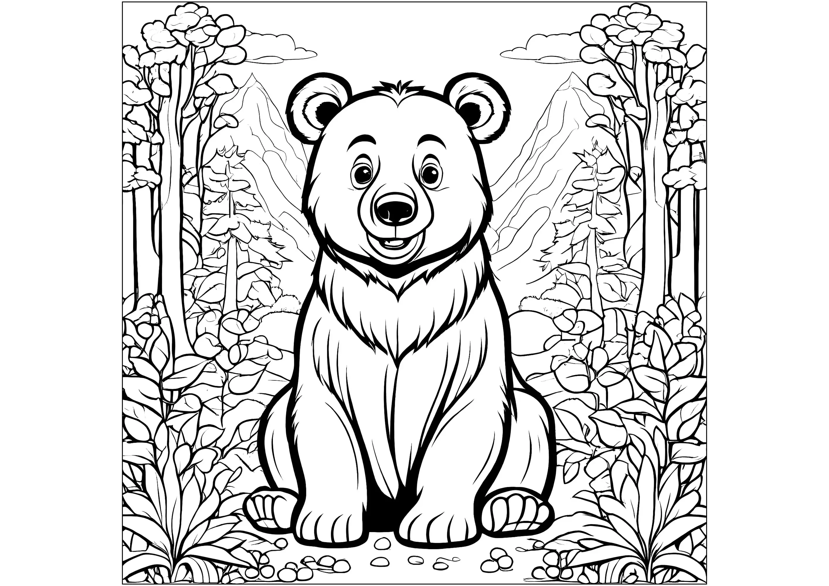 Ours souriant au milieu d'une végétation luxuriante (Coloriage à imprimer pour adultes)