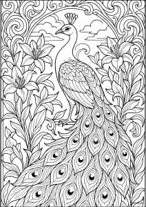 Magnifique paon entouré de fleurs (Coloriage)
