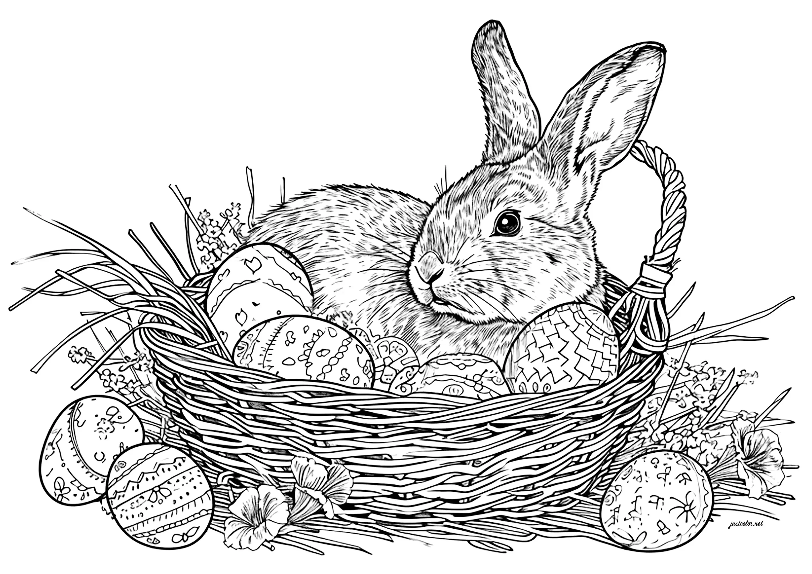 Lapin et Oeufs de Pâques dans un panier en osier (Coloriage à imprimer pour adultes)
