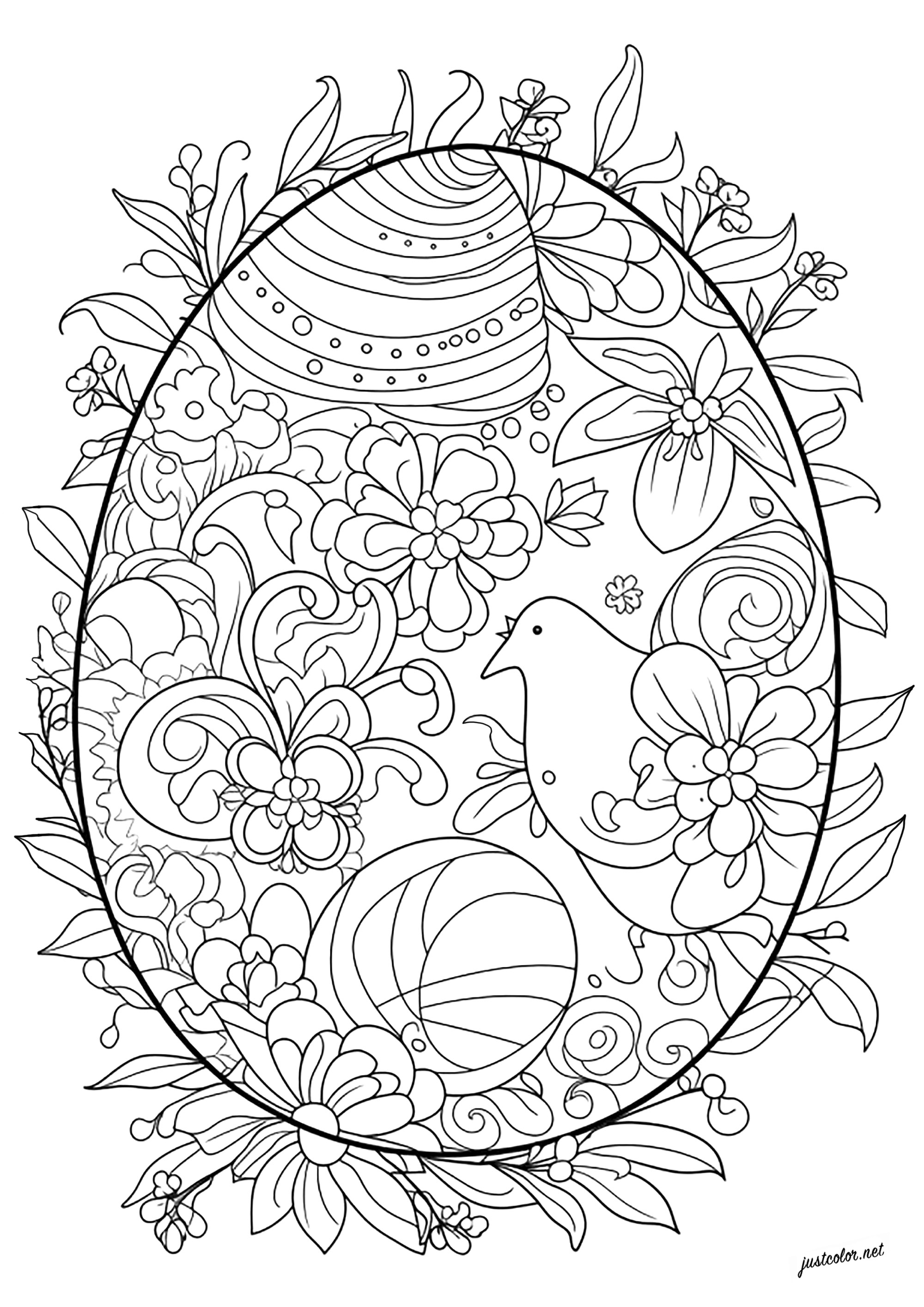 Coloriage complexe d'un oeuf de Pâques. De nombreux motifs abstraits, fleurs et même une poule à colorier dans ce bel oeuf de Pâques