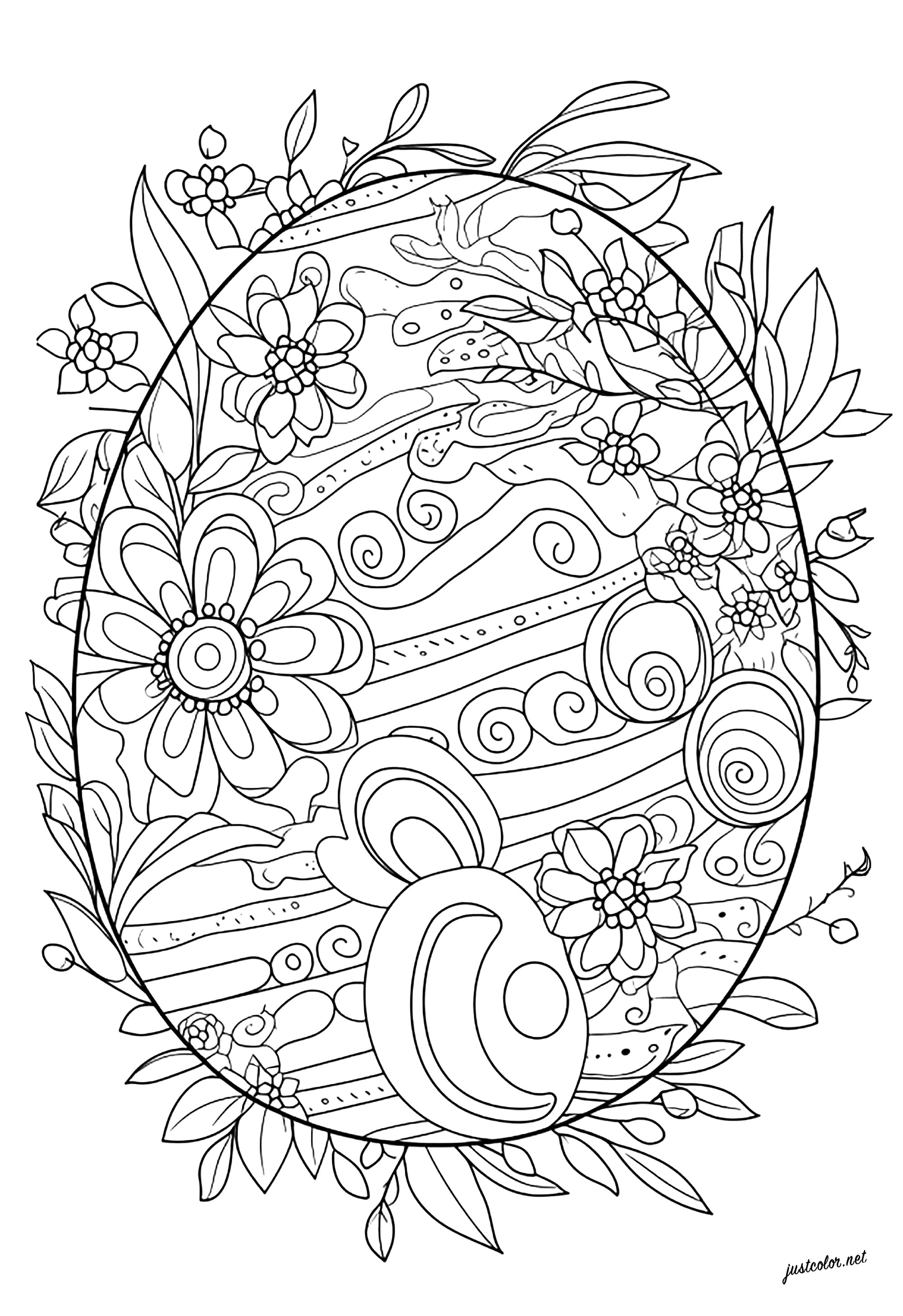 Coloriage original d'un oeuf de Pâques. Coloriez les motifs floraux et abstraits de cet oeuf de Pâques