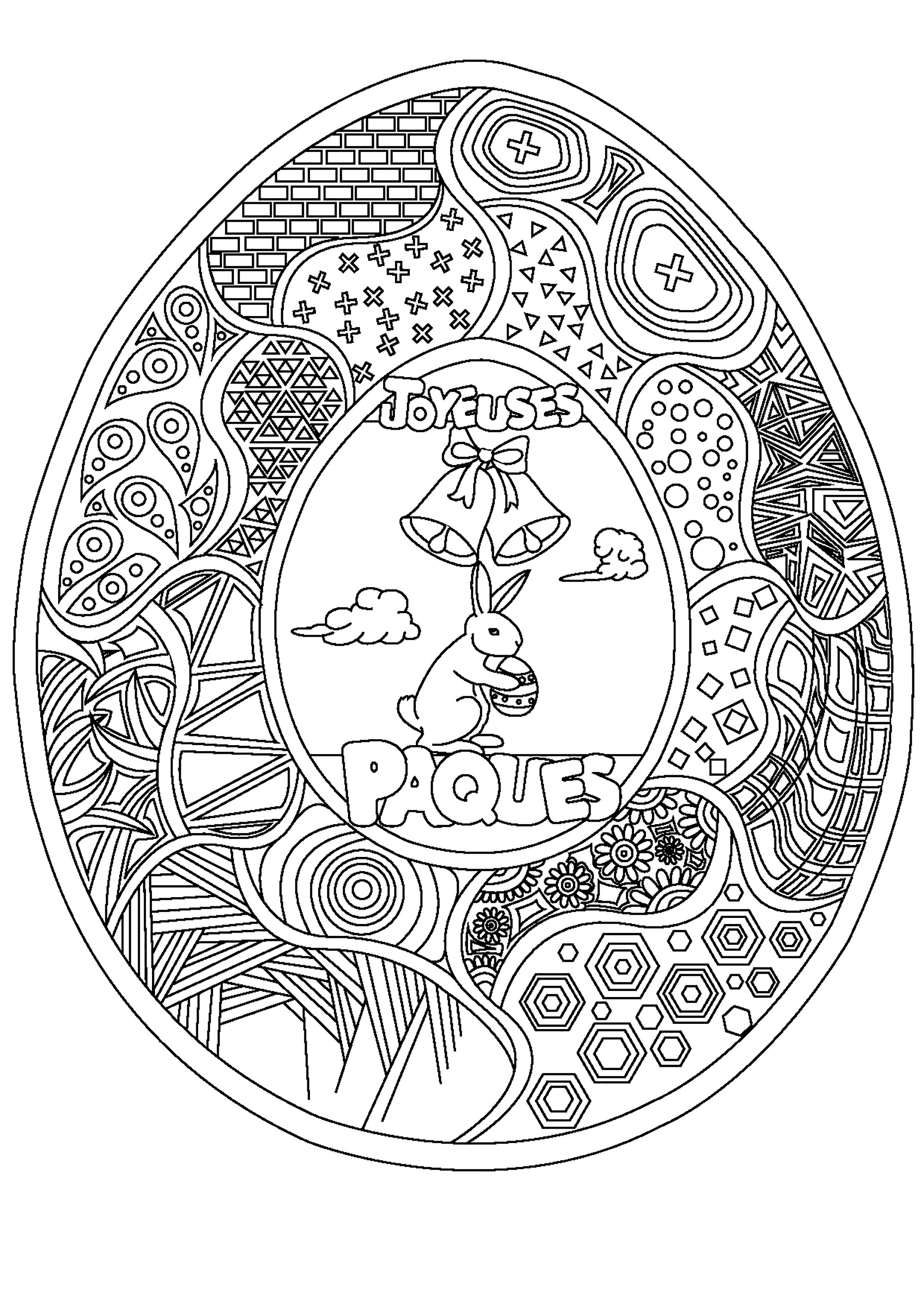 Coloriage d'oeuf de Pâques avec nombreux motifs, un joli lapin et deux cloches, Artiste : Damien