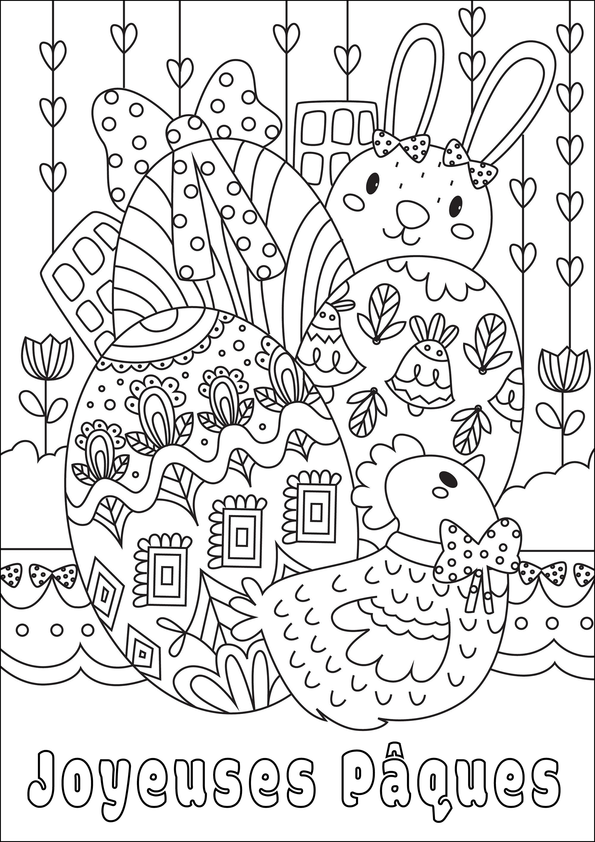 Coloriage de Pâques. Un beau coloriage avec de jolis oeufs, un lapin et une poule, Artiste : Gaelle Picard