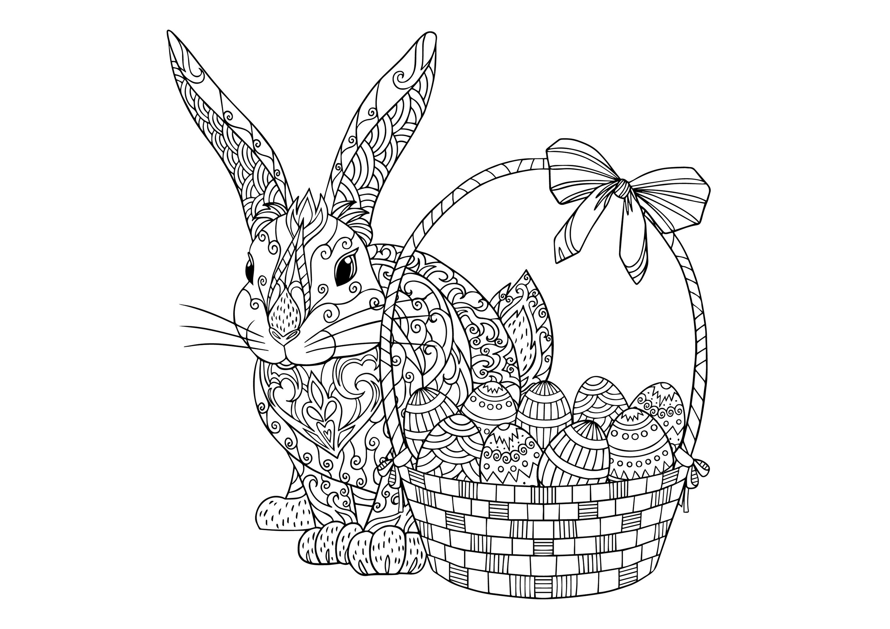 Beau coloriage d'un panier d'oeufs de Pâques avec un lapin à côté, Artiste : Daniellabelaya   Source : 123rf