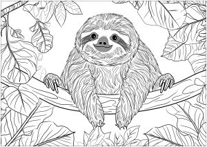 Coloriage de à imprimer pour adultes : Paresseux gentil, s'amusant dans un arbre