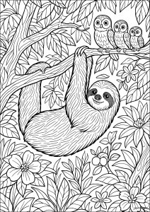 Paresseux observé par des chouettes (Coloriage)