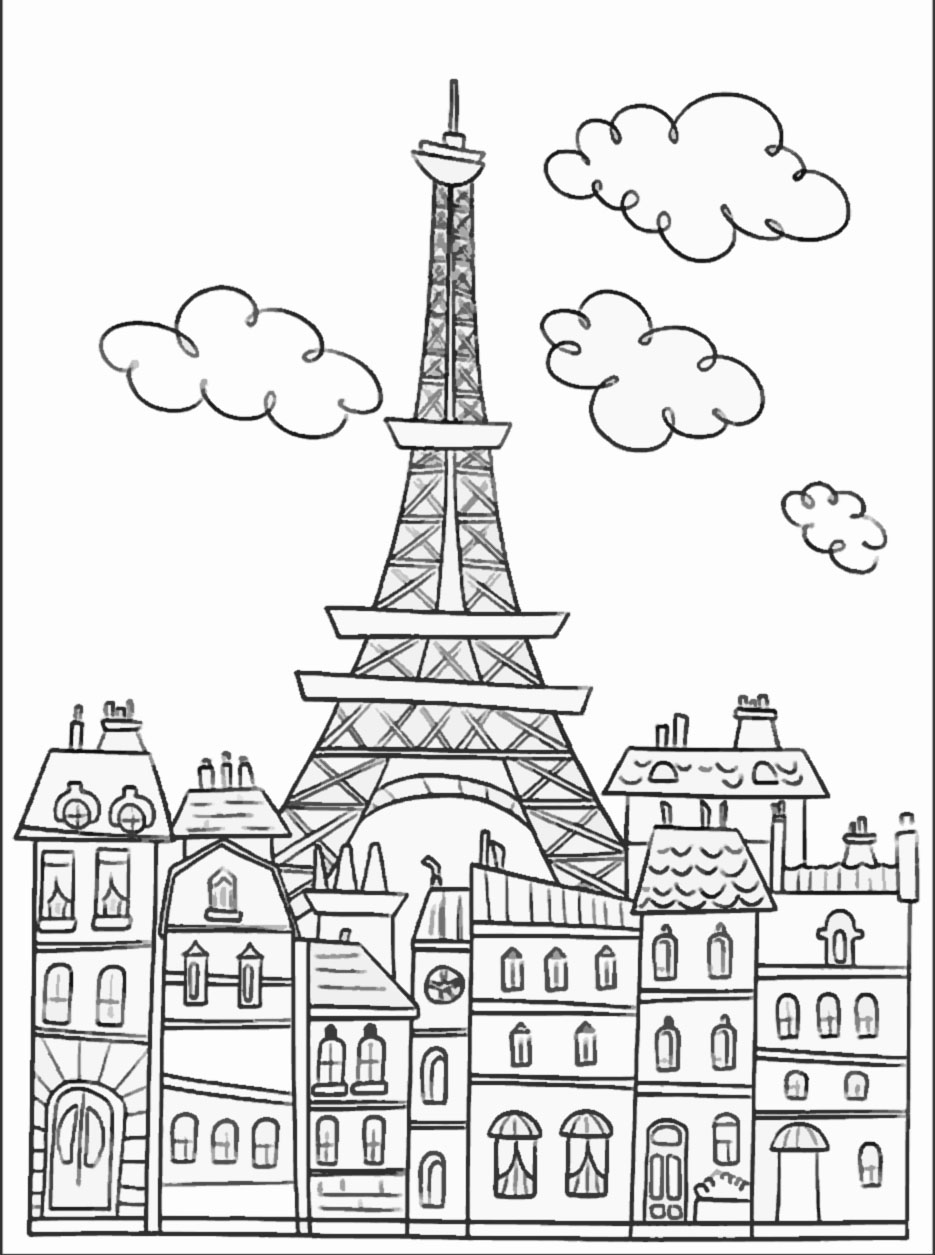 Sympathique coloriage de la Tour Eiffel symbole de Paris avec quelques b¢timents haussmanniens autour Imprimer