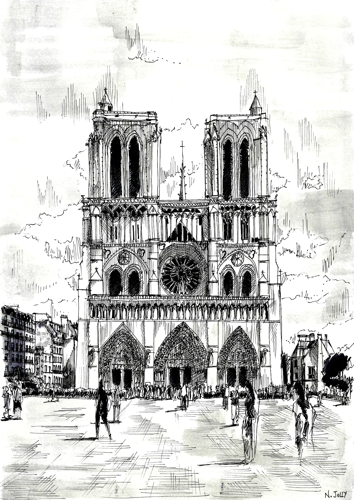 Magnifique dessin de Notre Dame de Paris (Coloriage à imprimer pour adultes)