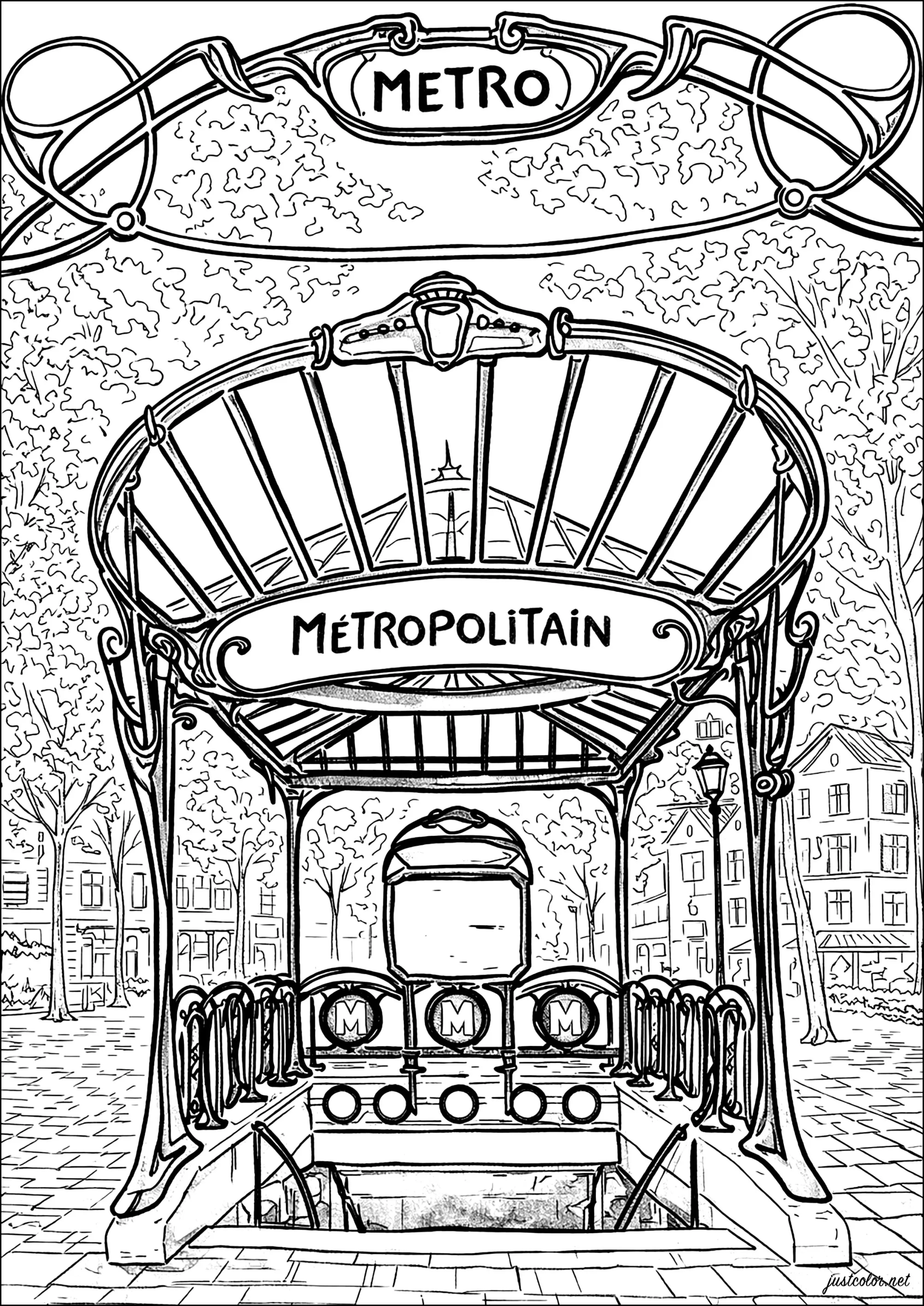 Entrée élégante de métro parisien (Coloriage de Paris à imprimer pour adultes)