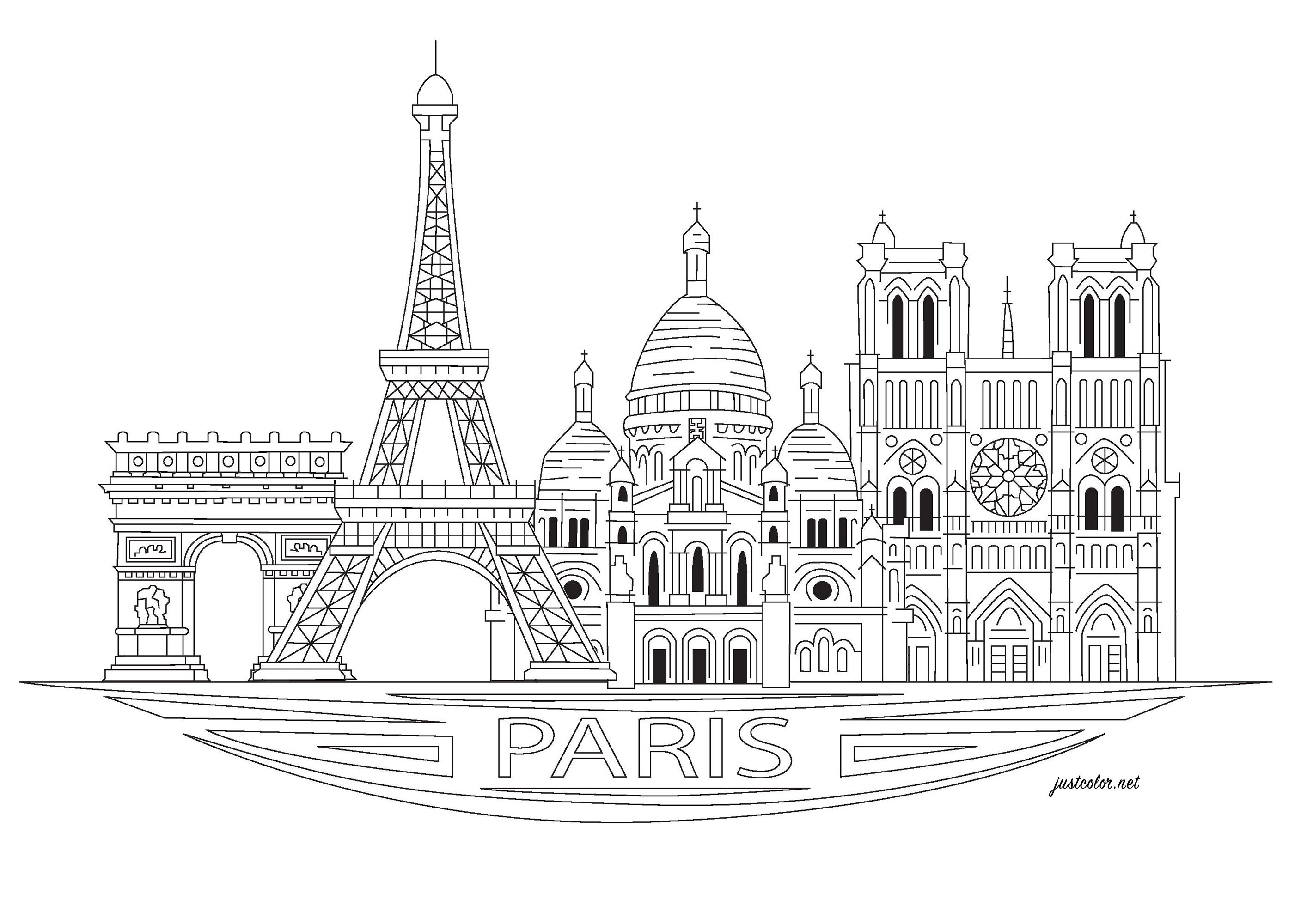 Les principaux monuments de Paris à colorier : Tour Eiffel, Arc de Triomphe, Sacré coeur et Eglise de Notre Dame de Paris, Artiste : Pierre C