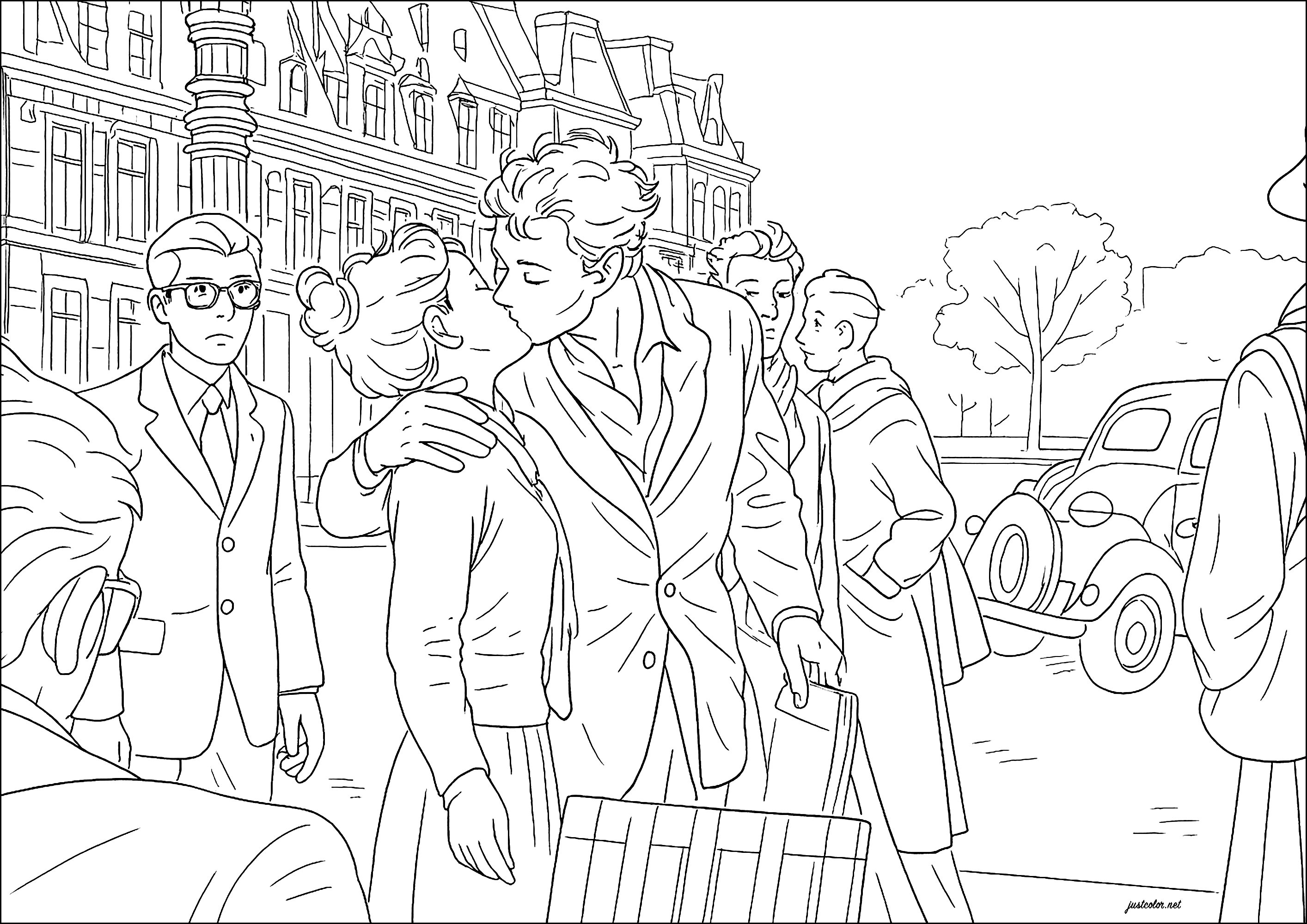 Coloriage inspiré de la photo “Le Baiser de l’Hôtel de Ville” (Paris)