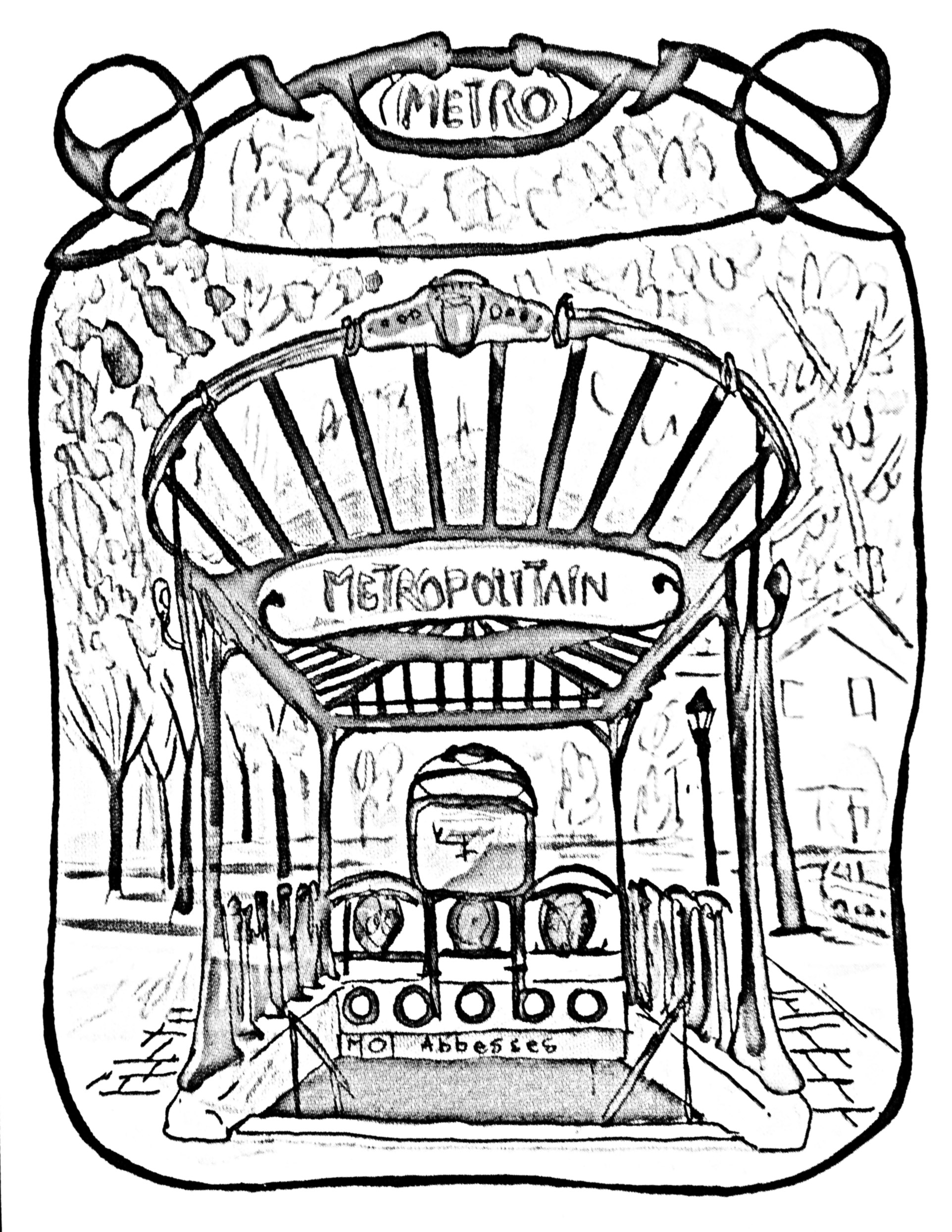 Dessin d'une entrée de station de métro parisienne, avec la fameuse inscription 'Métropolitain'