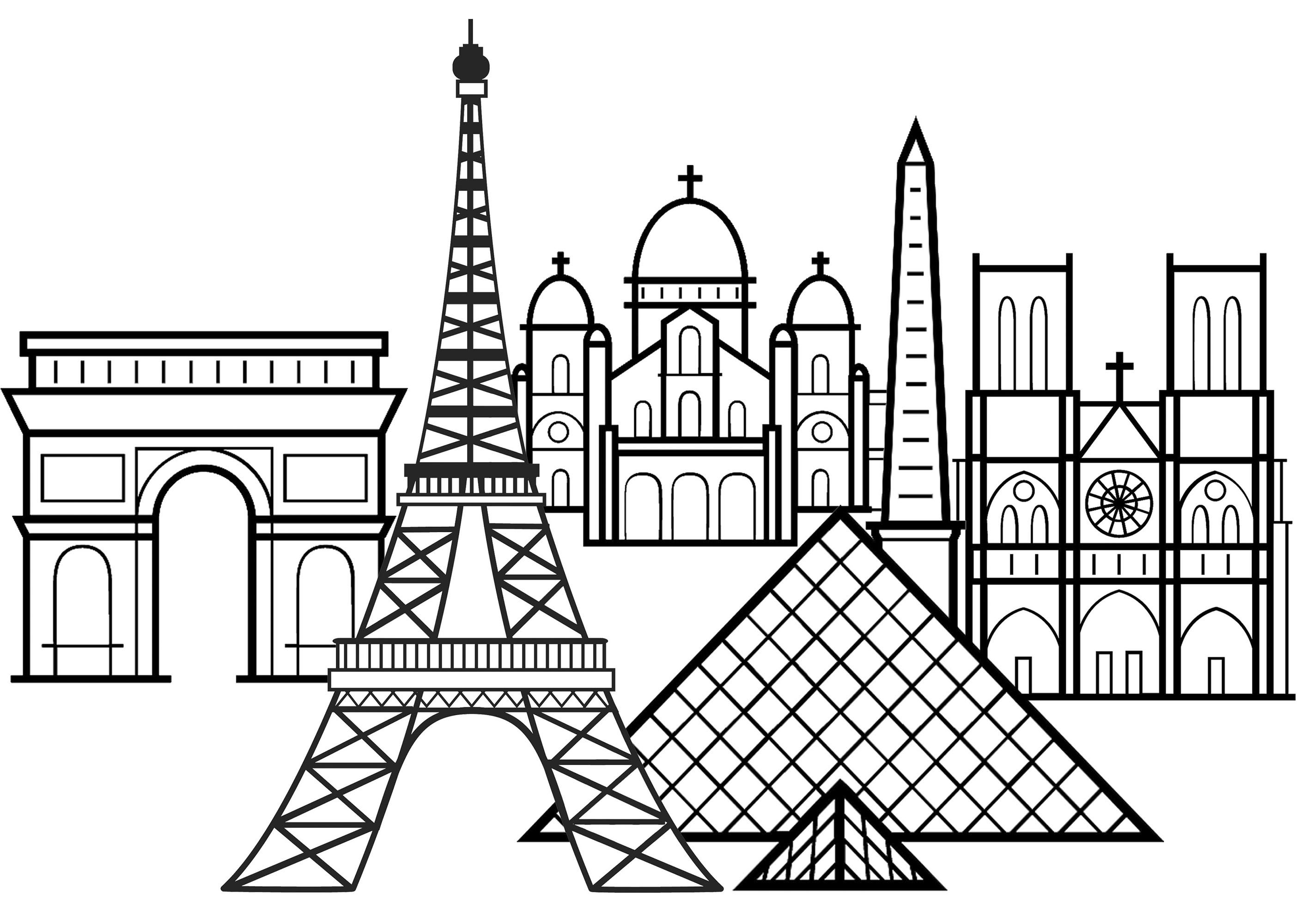 Monuments célèbres de Paris : Tour Eiffel, Arc de triomphe, Cathédrale de Notre Dame de Paris, Pyramide du Louvre et Basilique du Sacré-Cœur, Artiste : 