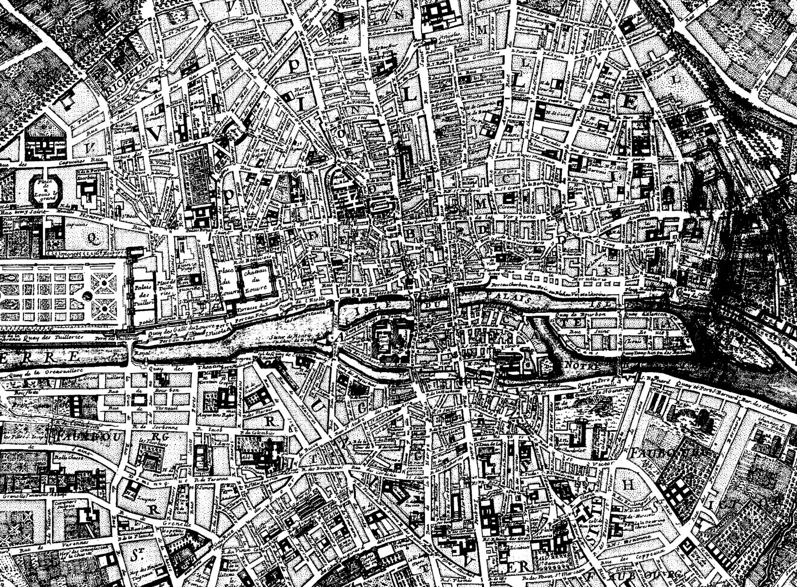 Un plan de Paris datant de 1750, avec des rues clairement définies, qu'il est possible de mettre en couleur