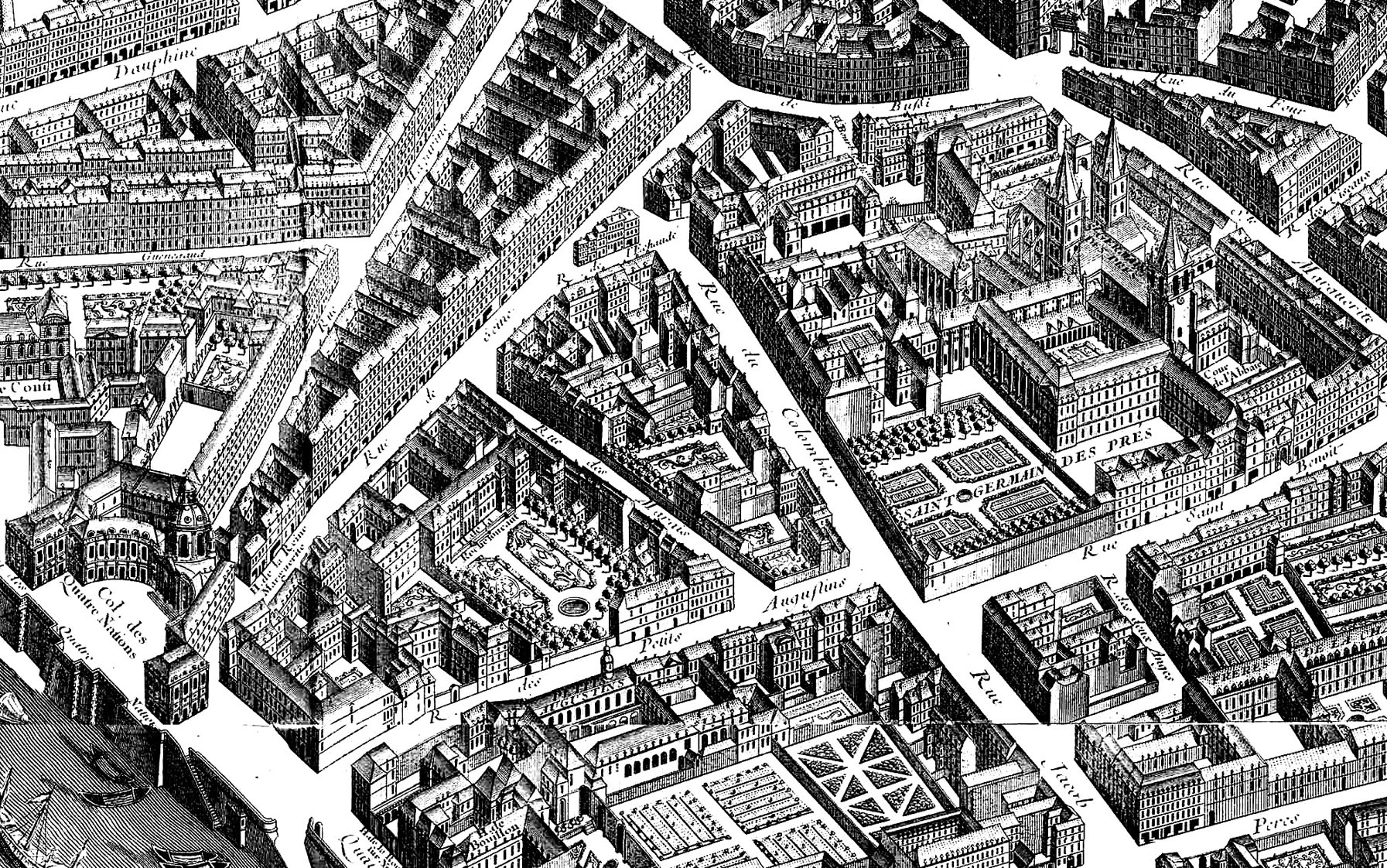 Coloriage adulte difficile réalisé à partir d'un plan en coupe d'un quartier de Paris, datant de 1739. Beaucoup de détails, à colorier