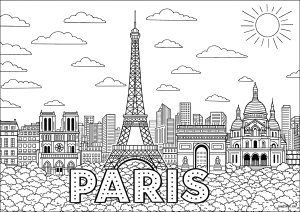 Vue emblématique de Paris avec ses monuments emblématiques (Coloriage)