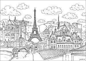 Paysage parisien avec la Tour Eiffel (Coloriage de Paris)