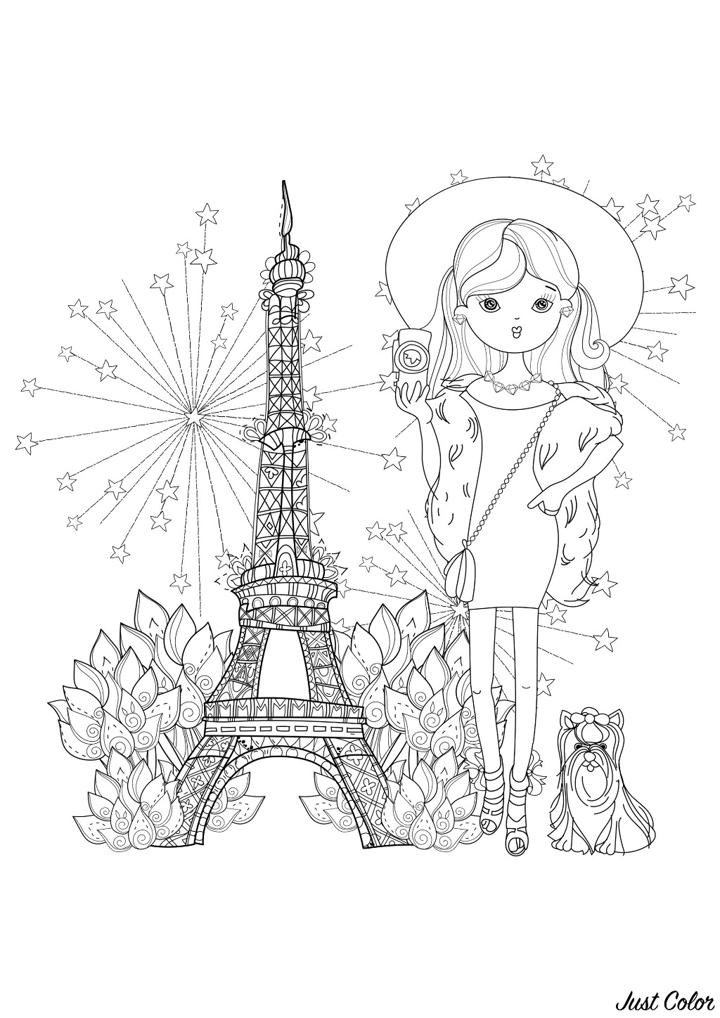 Jeune et jolie voyageuse accompagnée de son petit chien, avec la Tour Eiffel en arrière-plan. Construite en 1889 pour l'Exposition Universelle, la Tour Eiffel est devenue le principal symbole de Paris, et même de la France.