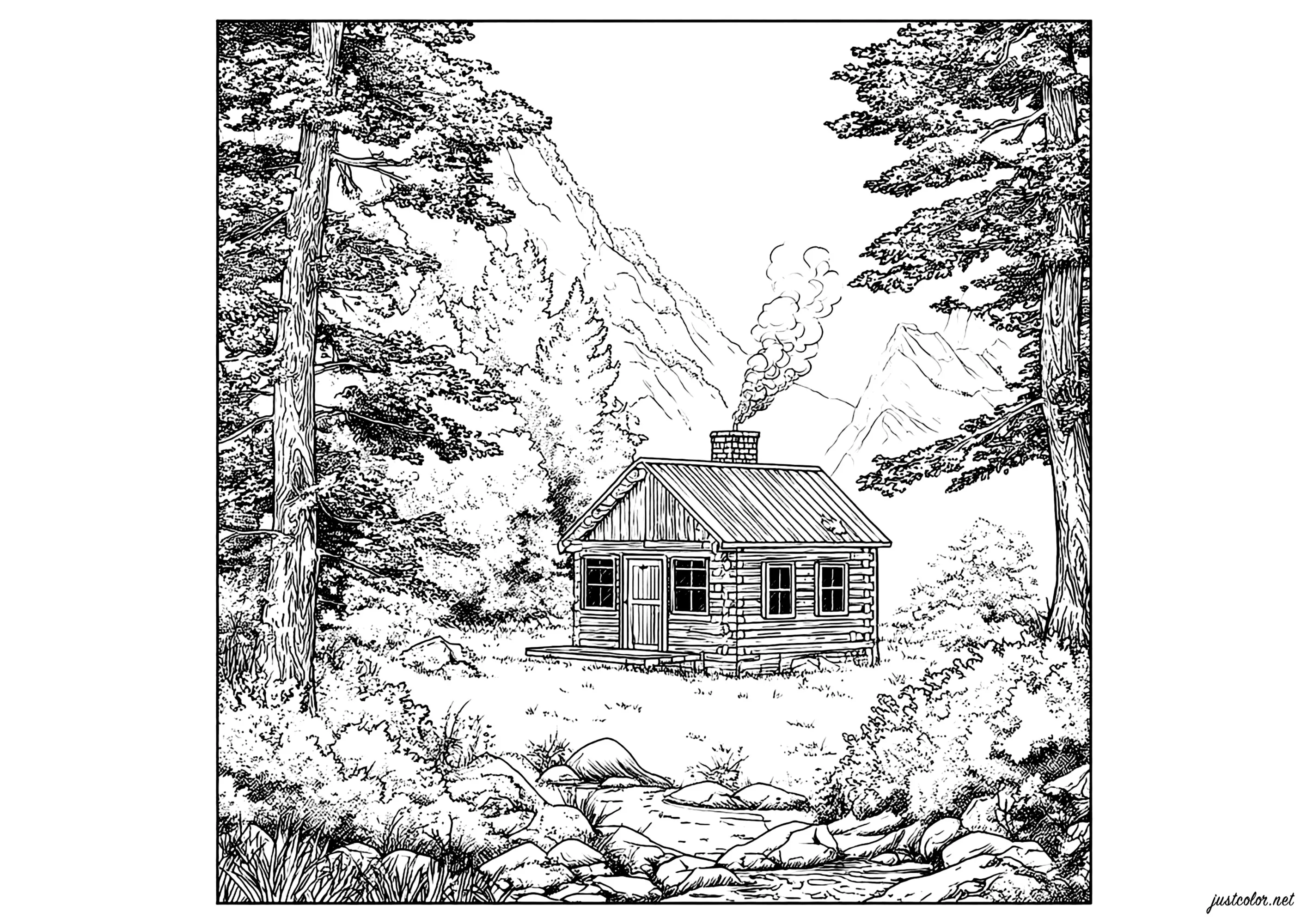 Cabane isolée dans les montagnes (Coloriage de Paysages à imprimer pour adultes)